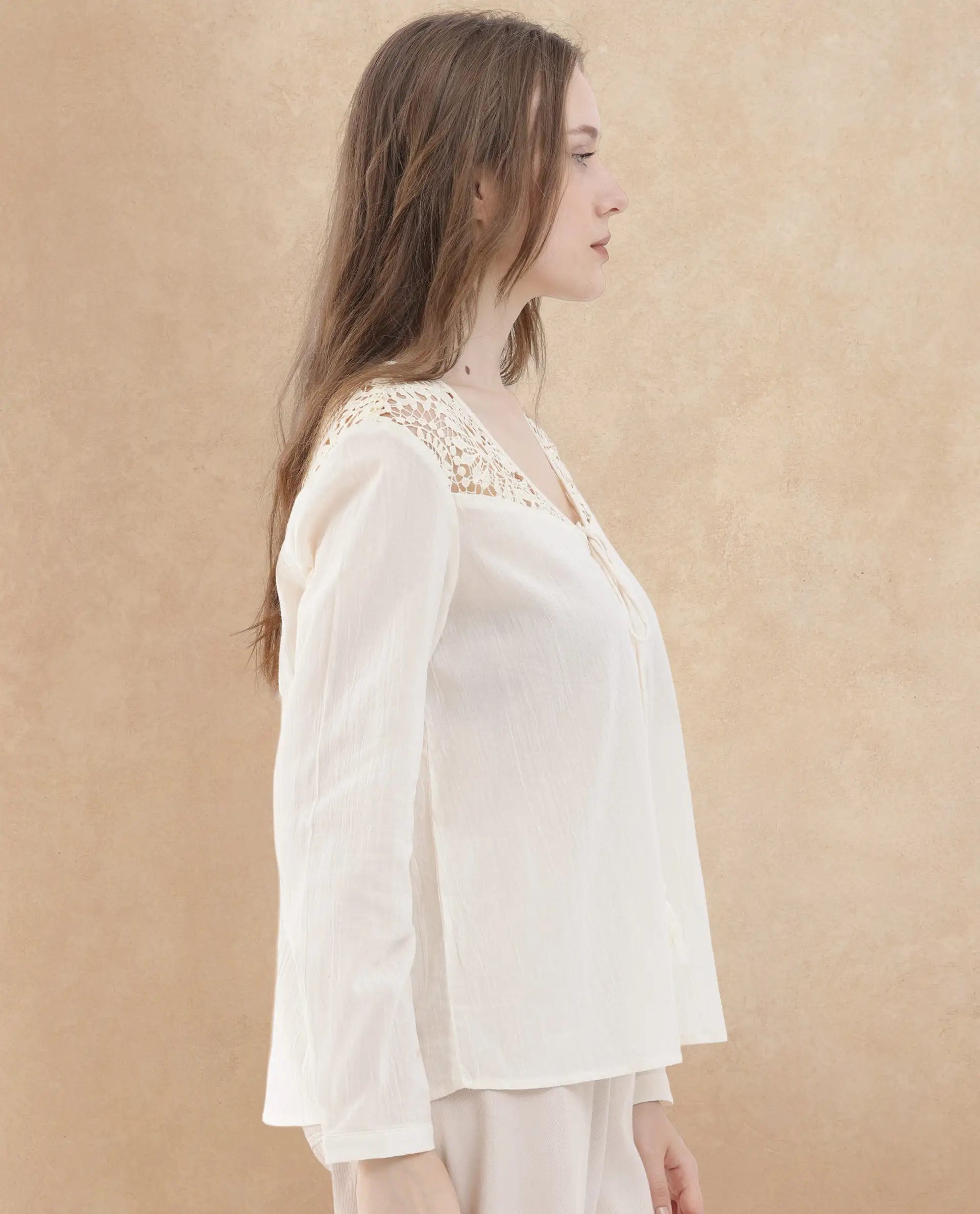 Rareism Women's Klaya Beige Cotton V-Neck Plain Relaxed Fit Top