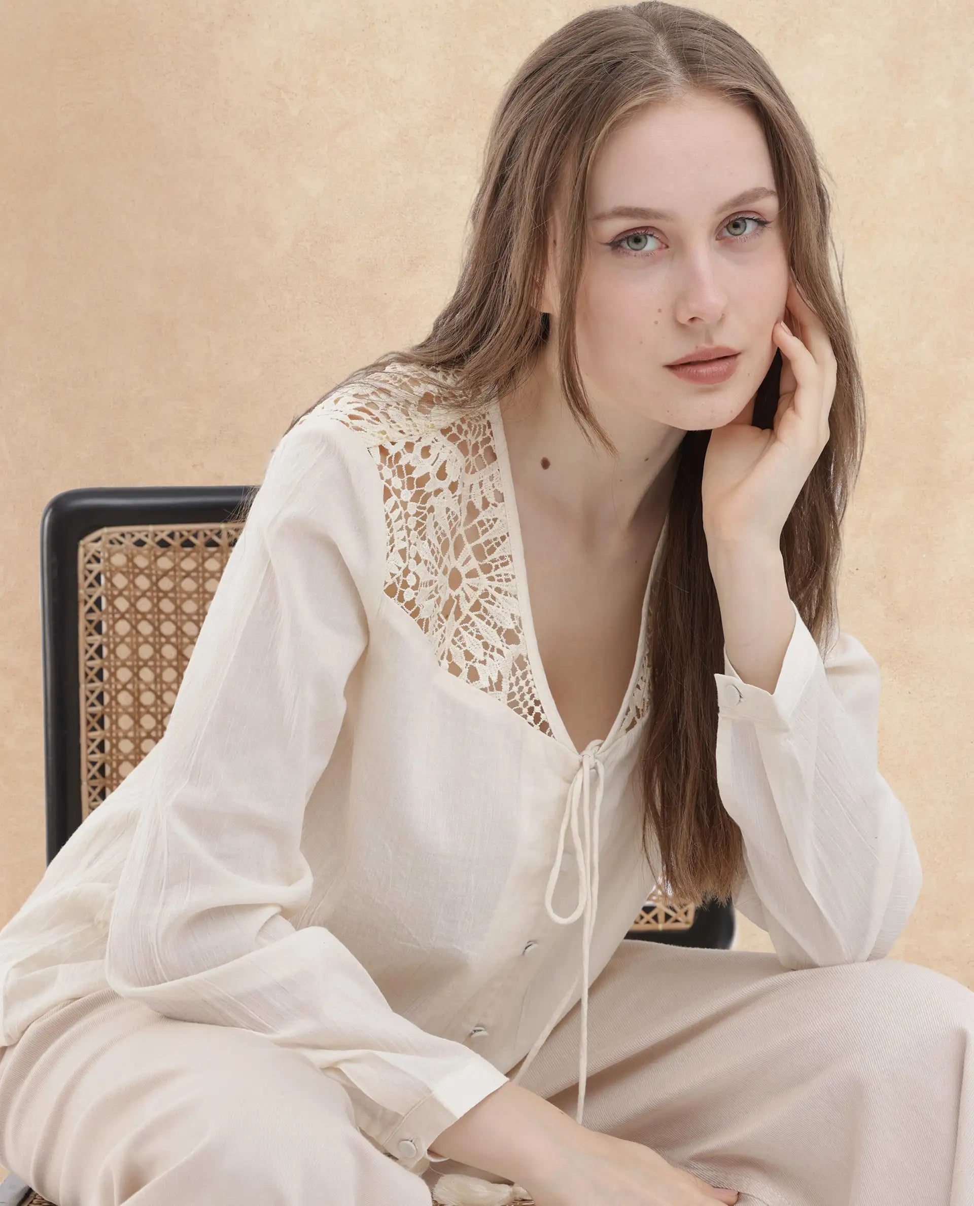 Rareism Women's Klaya Beige Cotton V-Neck Plain Relaxed Fit Top