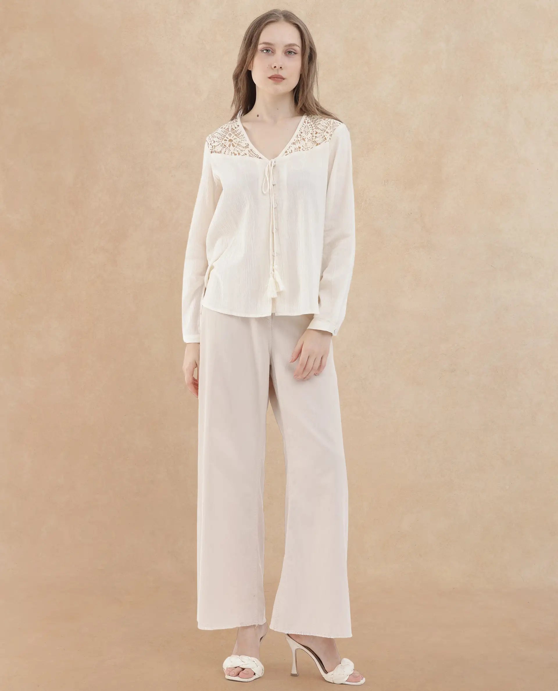 Rareism Women's Klaya Beige Cotton V-Neck Plain Relaxed Fit Top