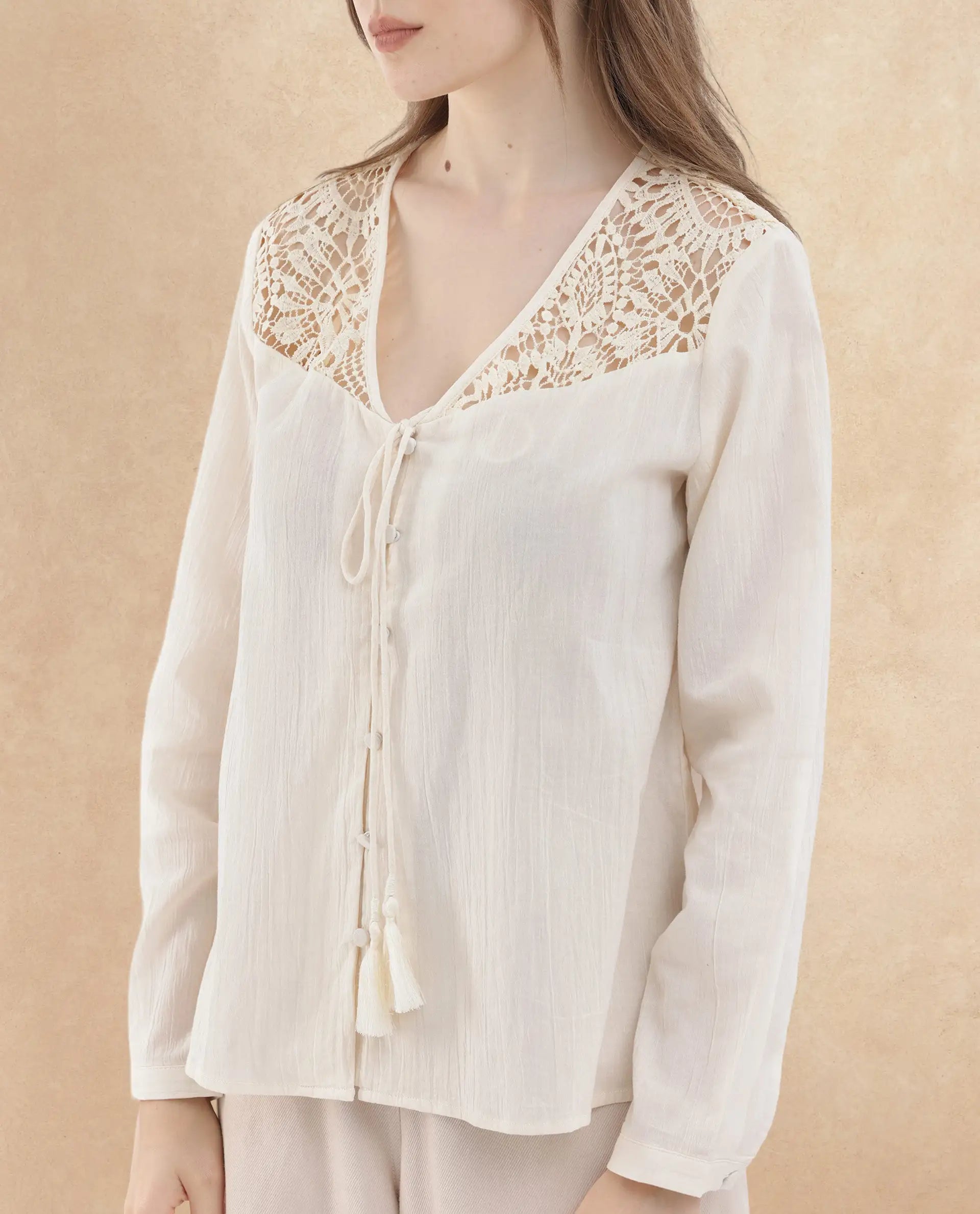 Rareism Women's Klaya Beige Cotton V-Neck Plain Relaxed Fit Top