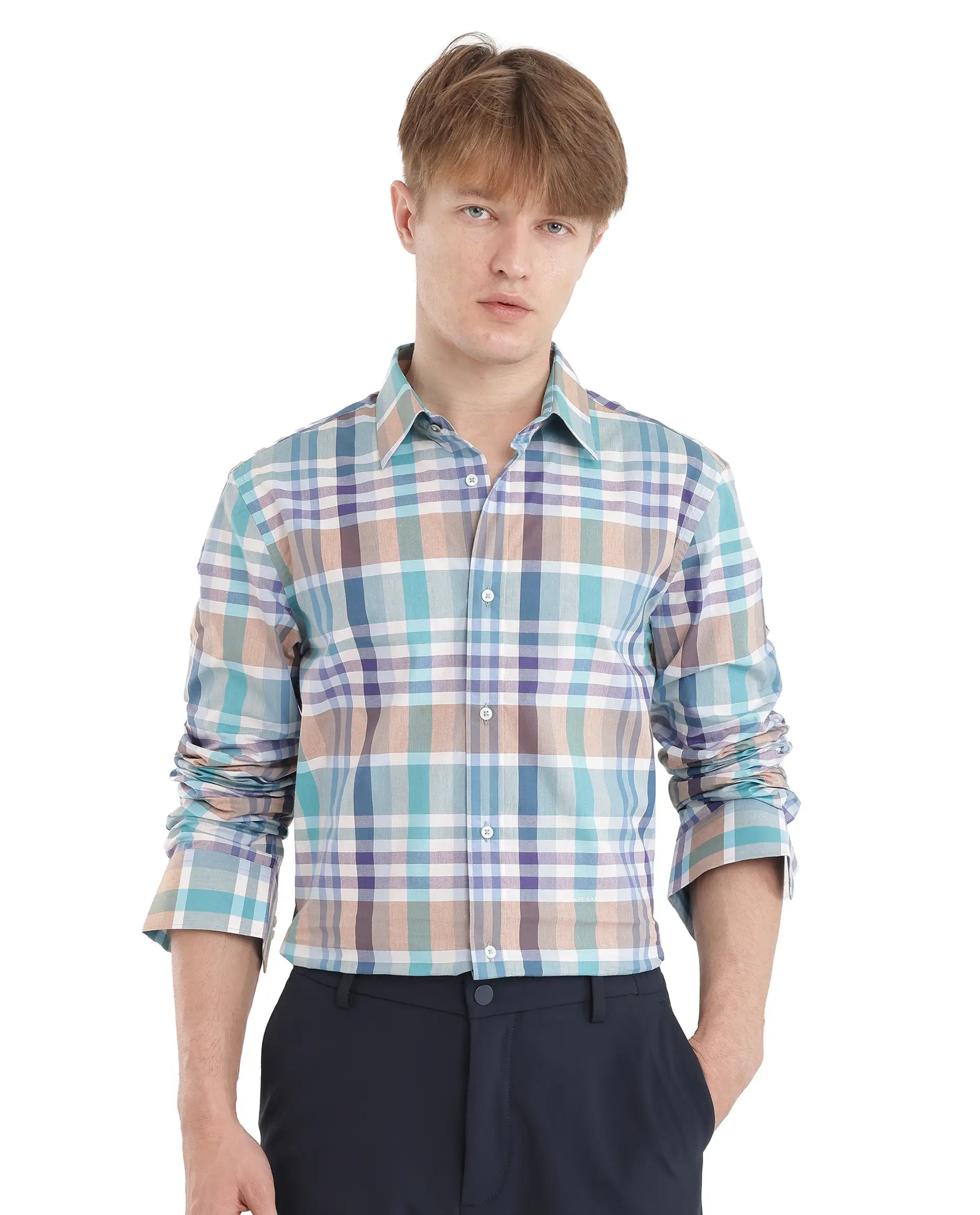 Rare Rabbit Men's Klaz Multi Cotton Fabric Full Sleeve Spread Collar Regular Fit Checked Shirt