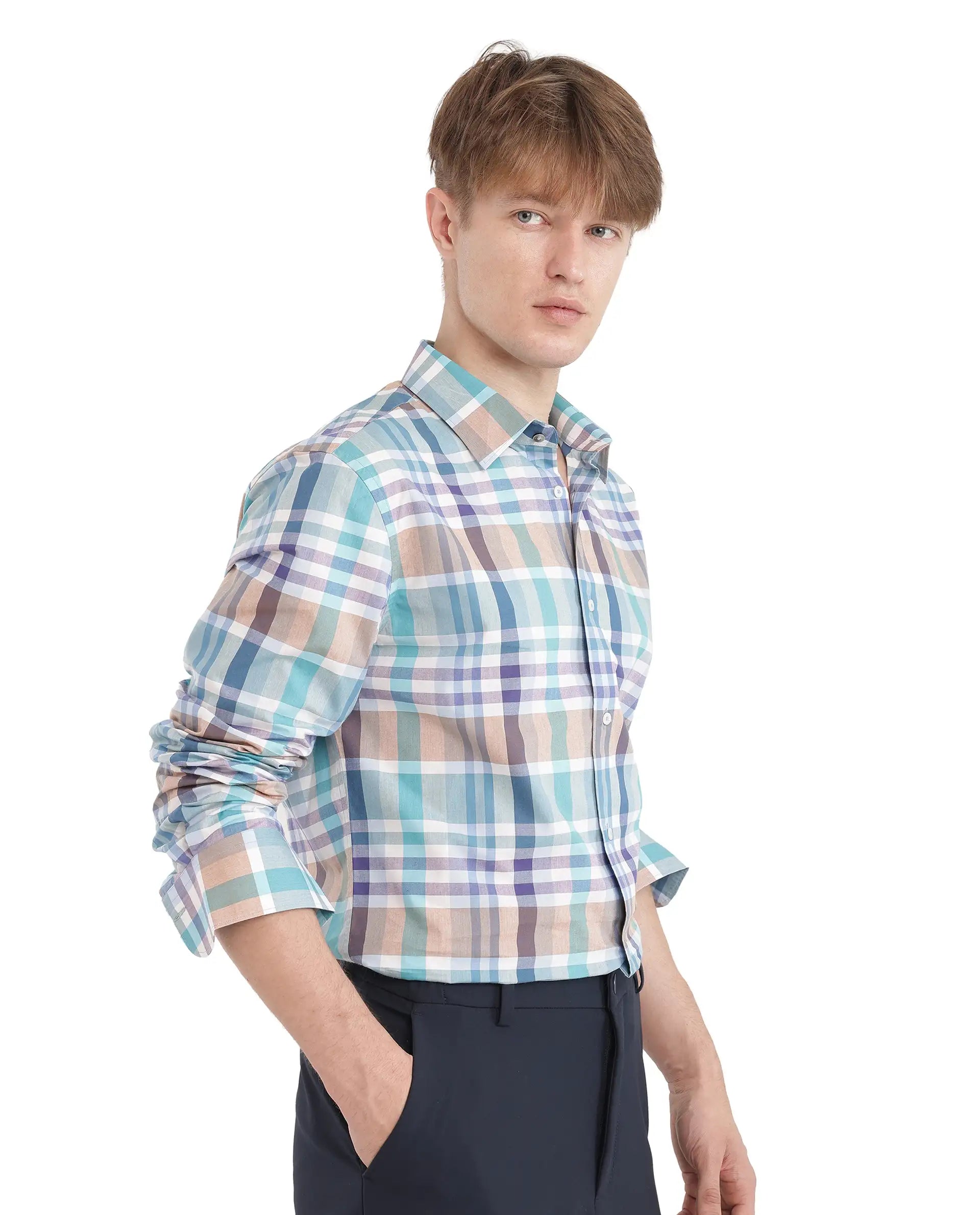 Rare Rabbit Men's Klaz Multi Cotton Fabric Full Sleeve Spread Collar Regular Fit Checked Shirt