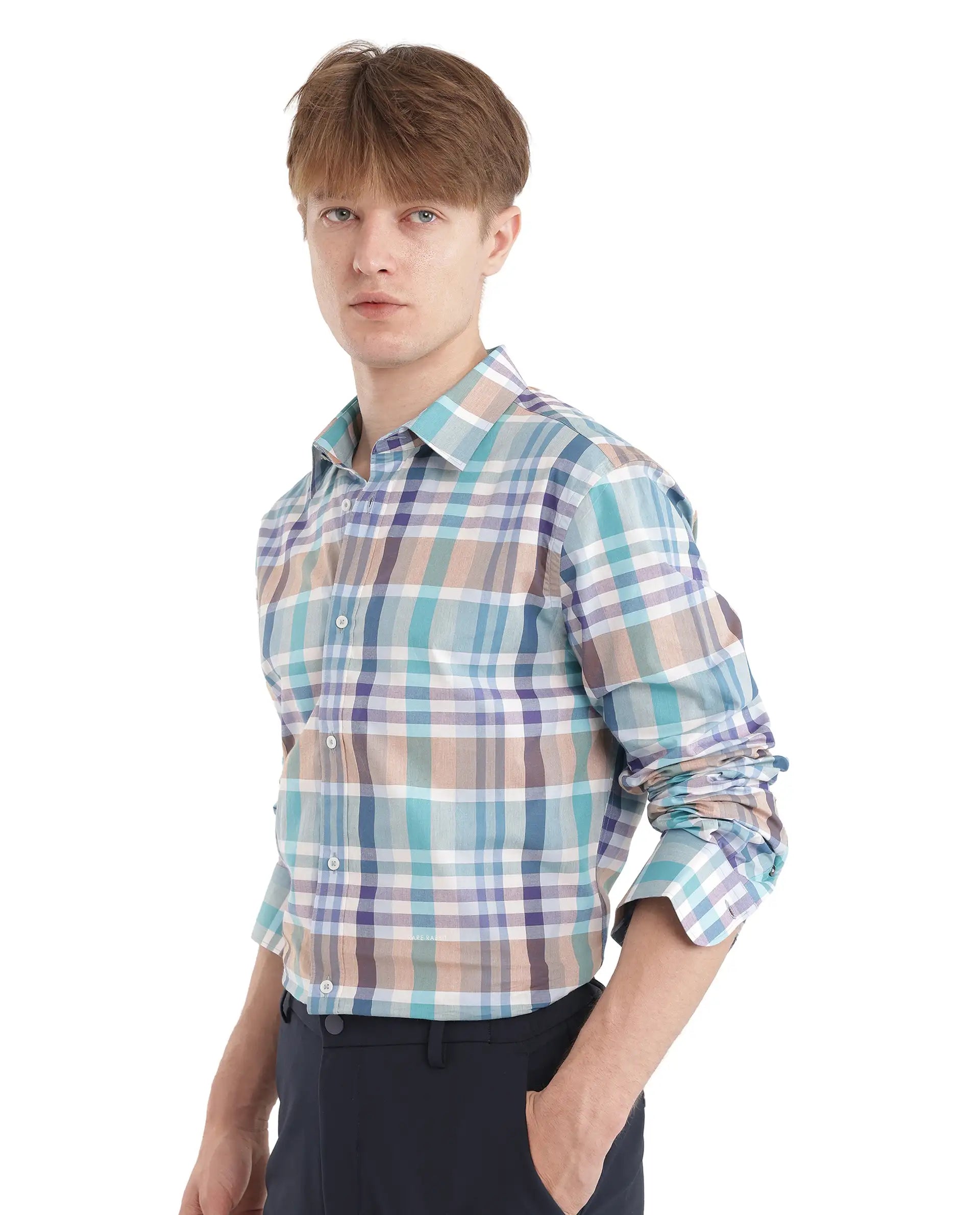 Rare Rabbit Men's Klaz Multi Cotton Fabric Full Sleeve Spread Collar Regular Fit Checked Shirt