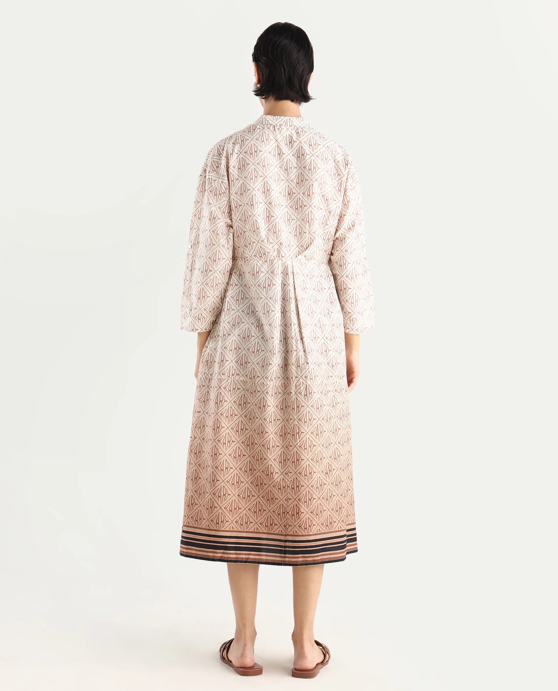 Rareism Women's Klee Beige Cotton Mandarin Collar Geometric Print Cuffed Sleeve Midi Fit And Flare Dress