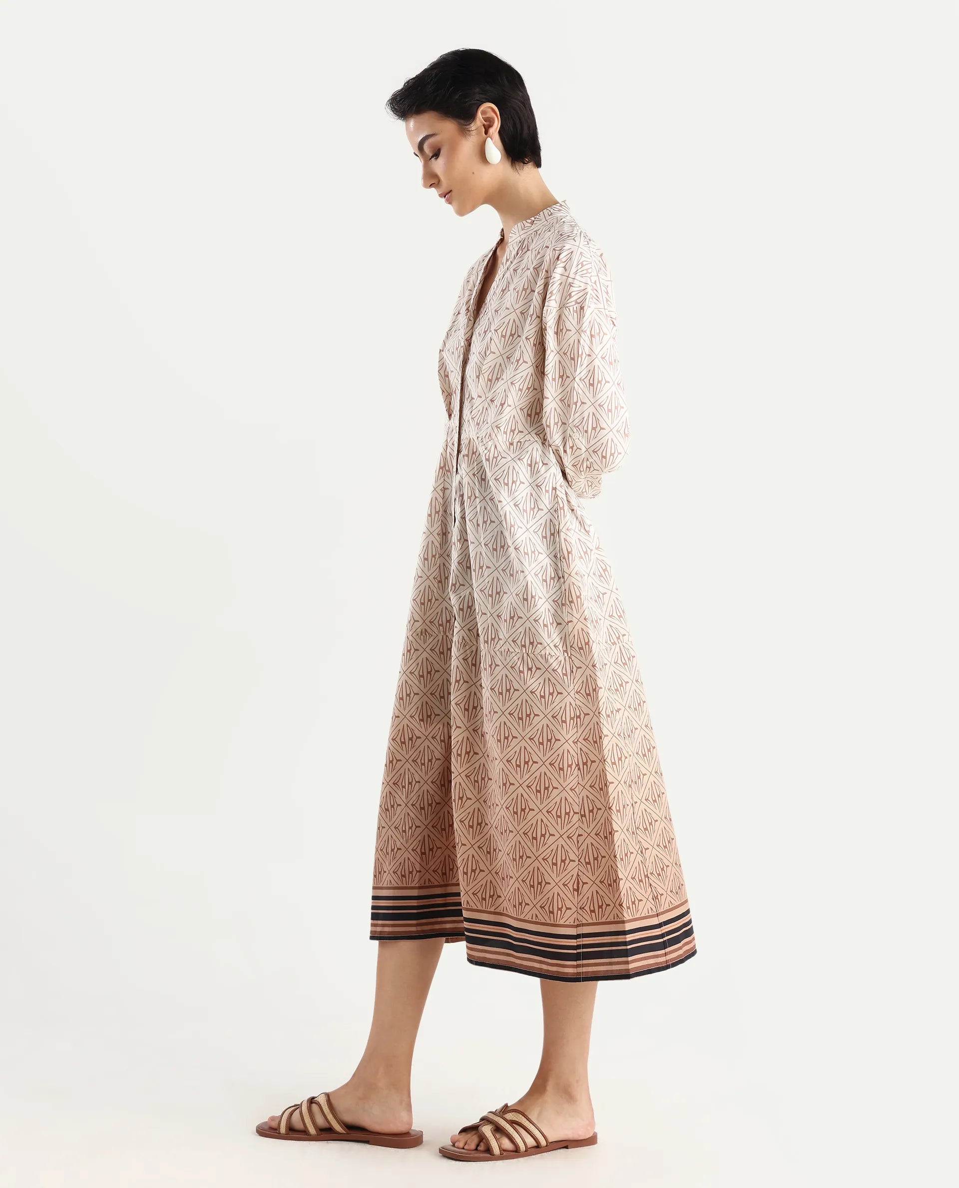 Rareism Women's Klee Beige Cotton Mandarin Collar Geometric Print Cuffed Sleeve Midi Fit And Flare Dress