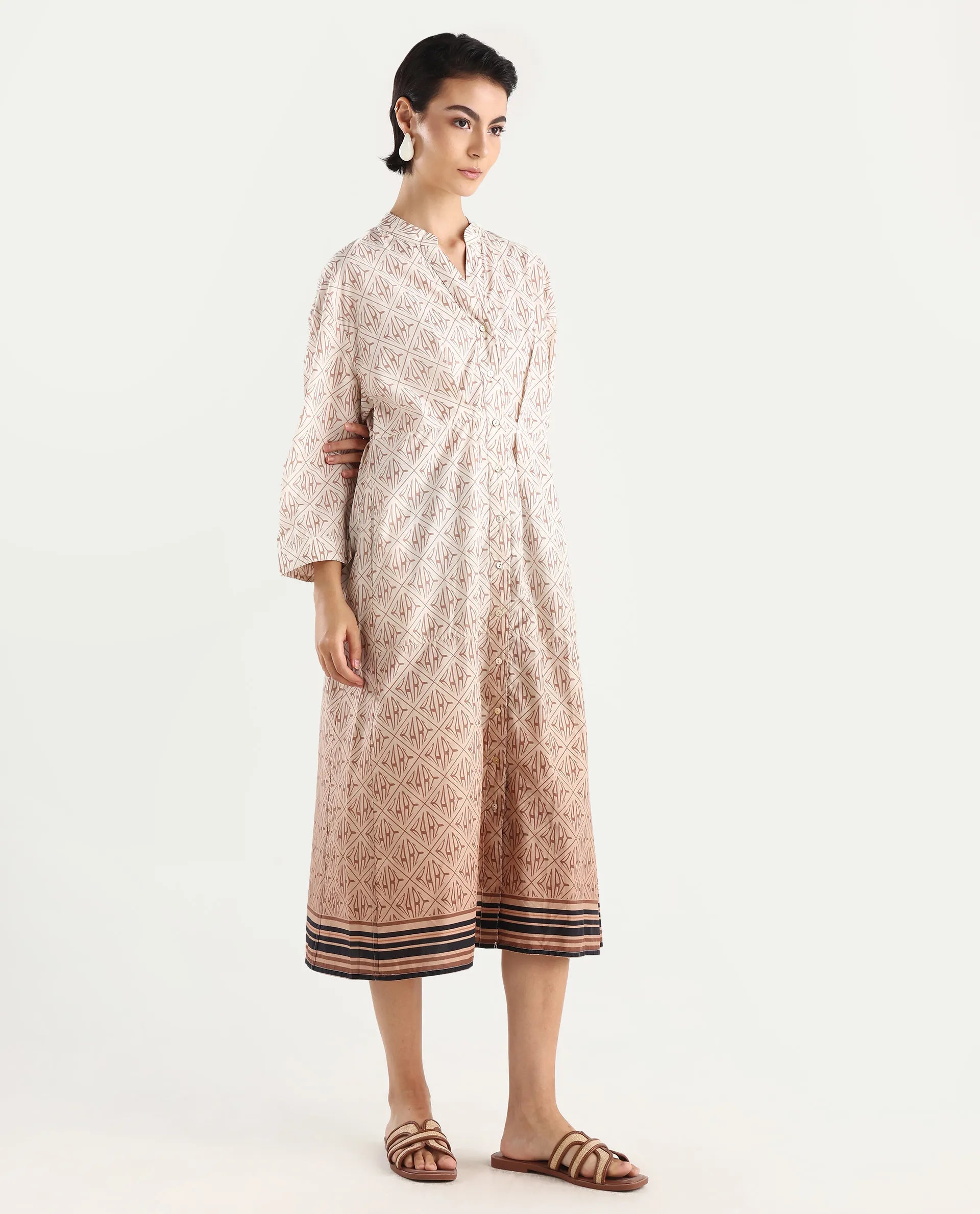 Rareism Women's Klee Beige Cotton Mandarin Collar Geometric Print Cuffed Sleeve Midi Fit And Flare Dress