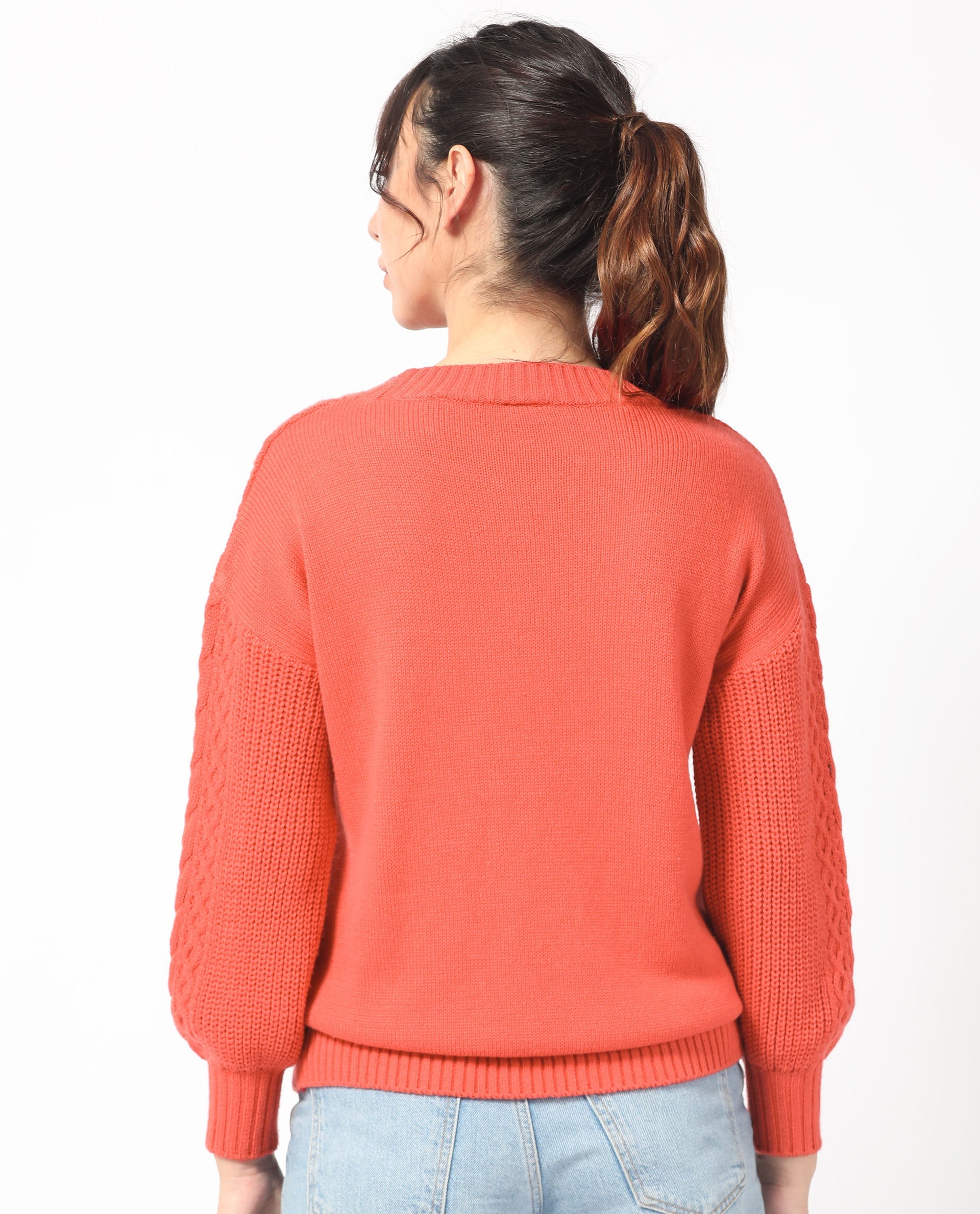Rareism Women Klein Orange Acrylic Fabric Full Sleeves Regular Fit Solid Round Neck Sweater