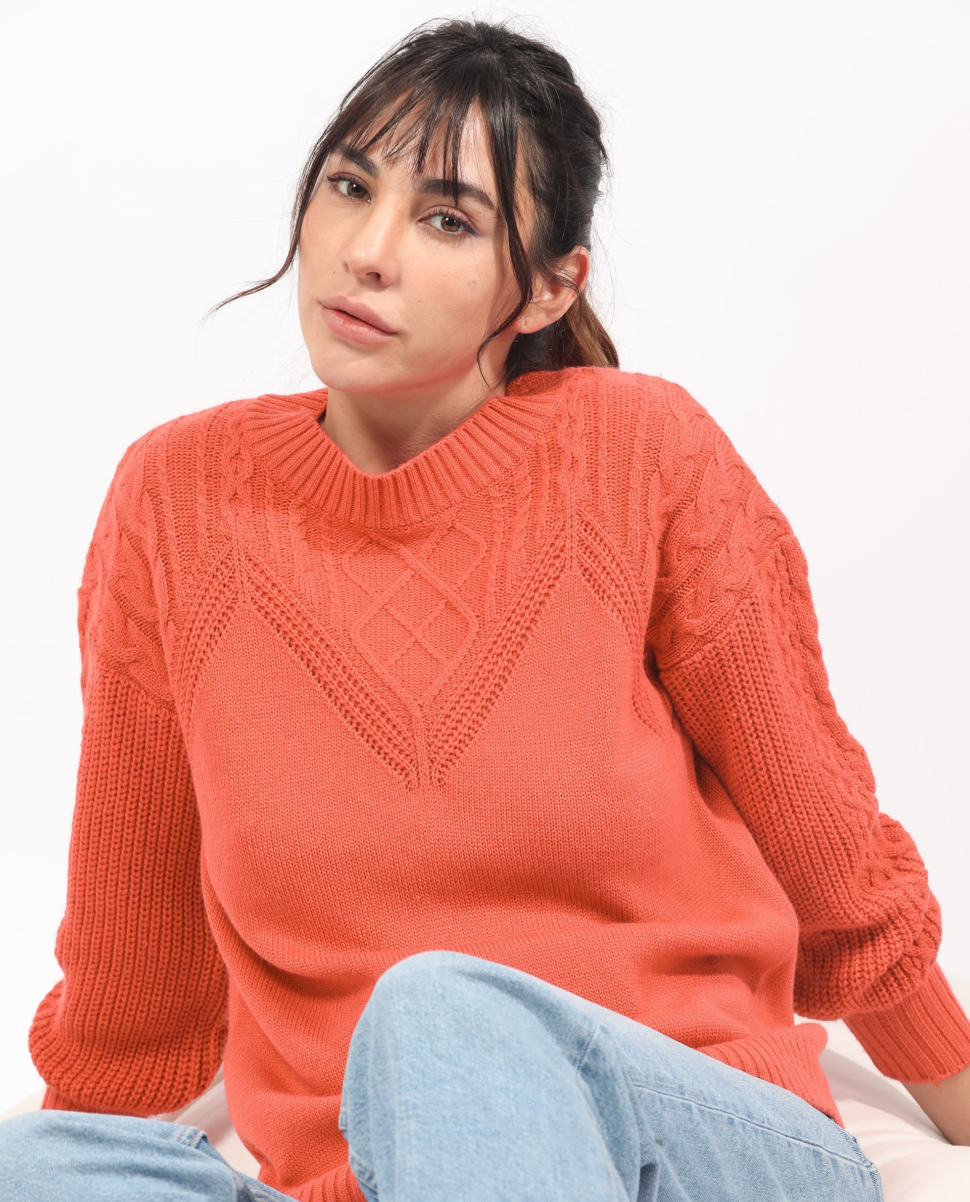 Rareism Women Klein Orange Acrylic Fabric Full Sleeves Regular Fit Solid Round Neck Sweater
