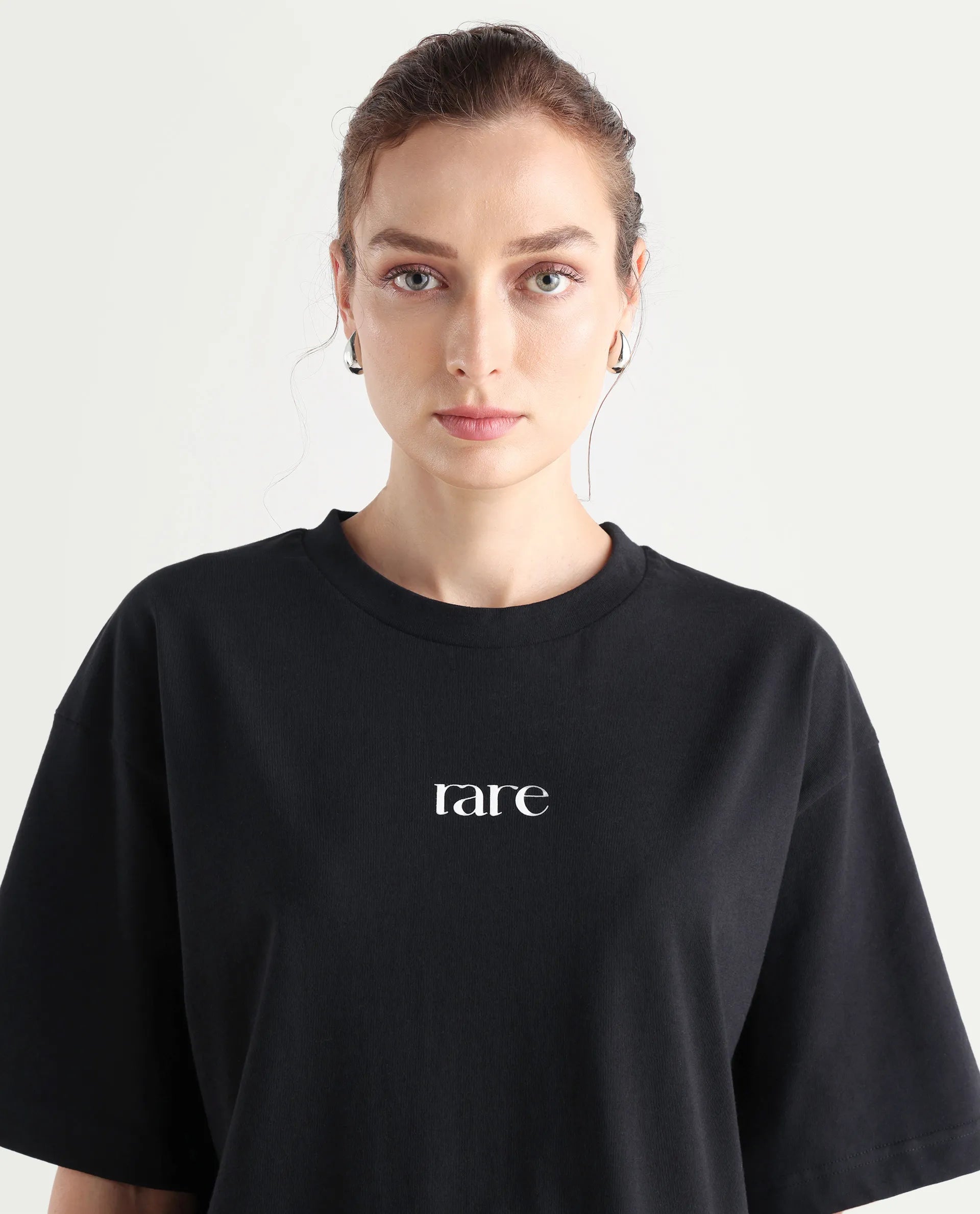 Rareism Women's Klend Black Cotton Graphic Print Oversized T-Shirt