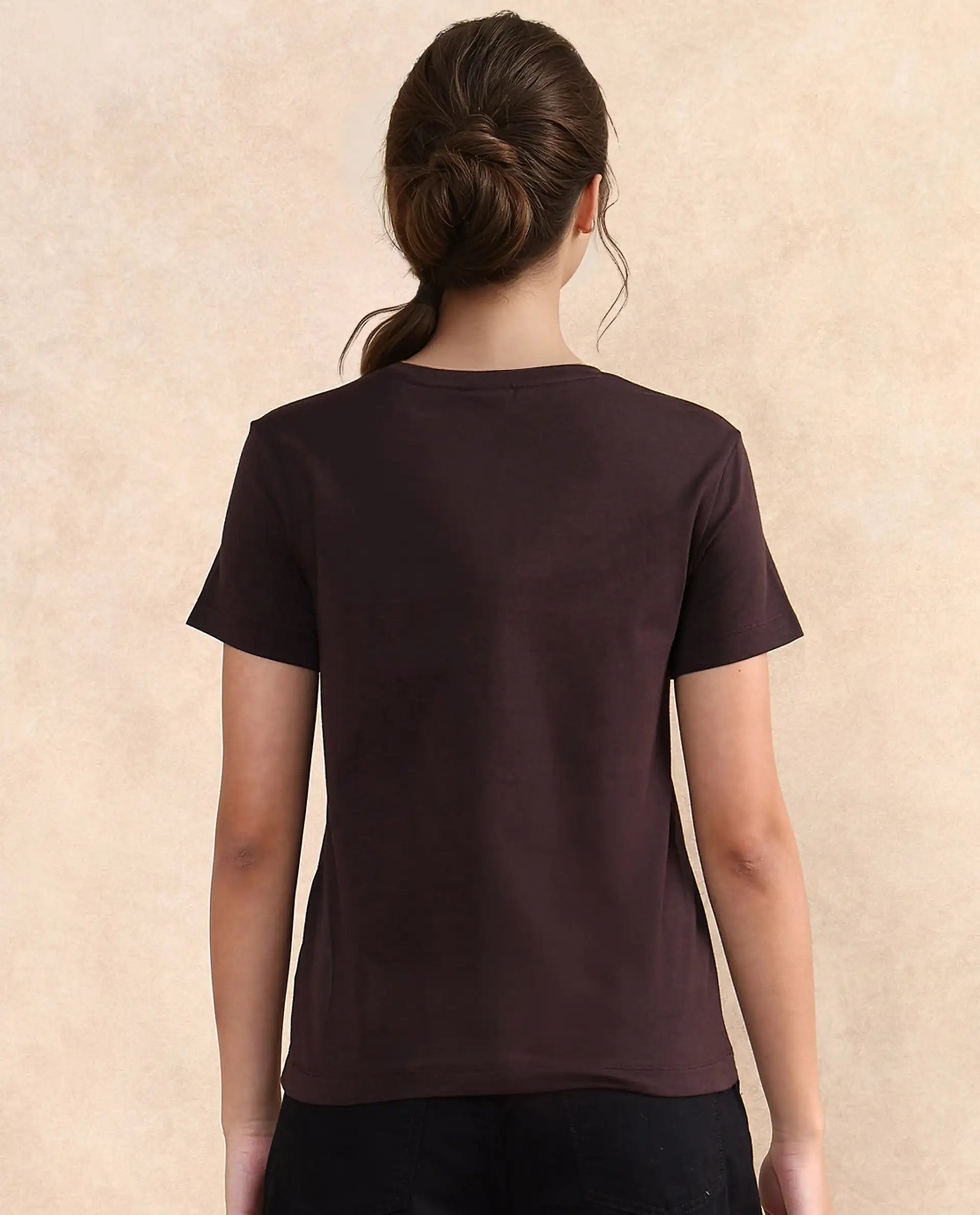 Rareism Women Klino Dark Brown Cotton Blend Fabric Short Sleeve Crew Neck Graphic Print T-Shirt