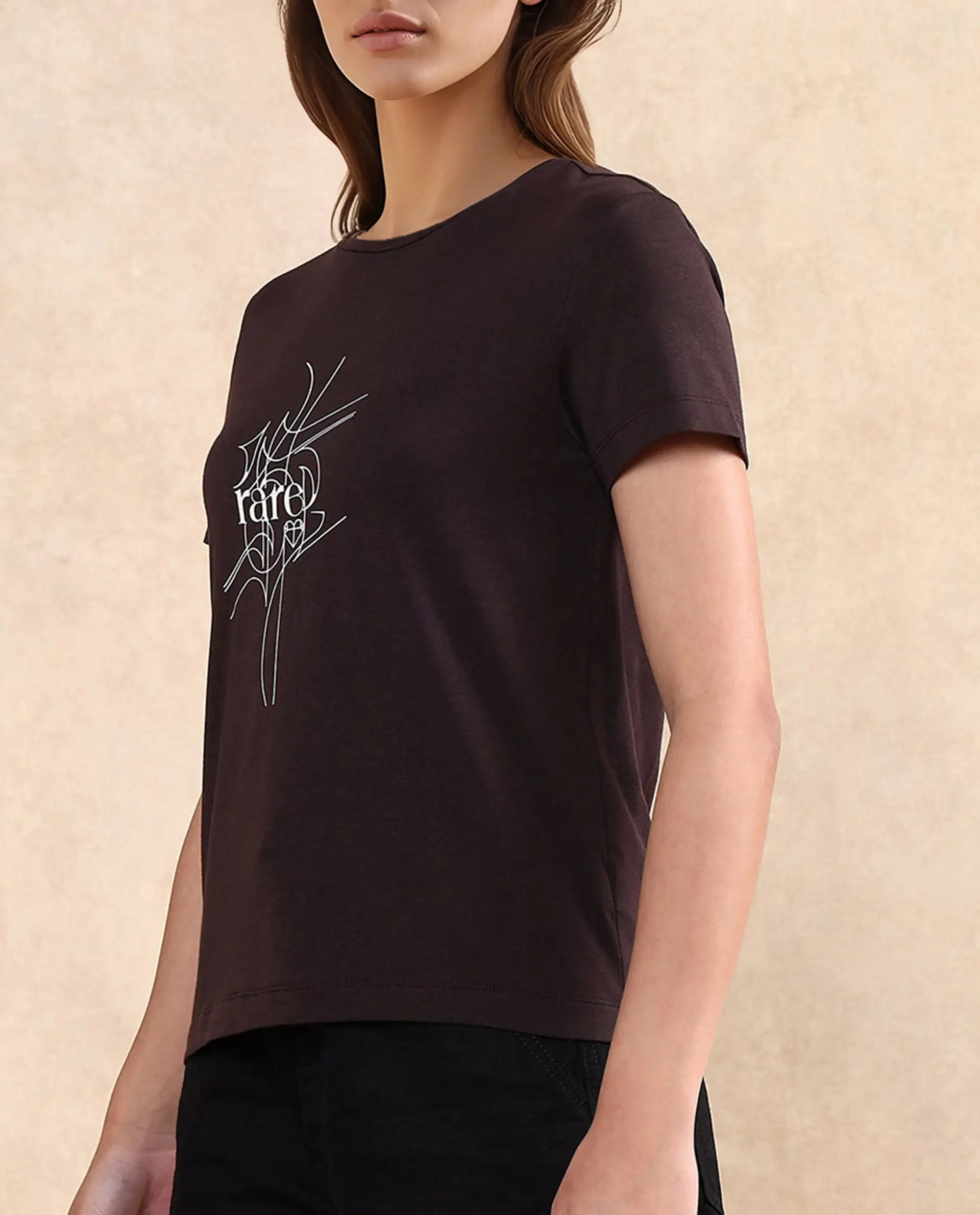 Rareism Women Klino Dark Brown Cotton Blend Fabric Short Sleeve Crew Neck Graphic Print T-Shirt