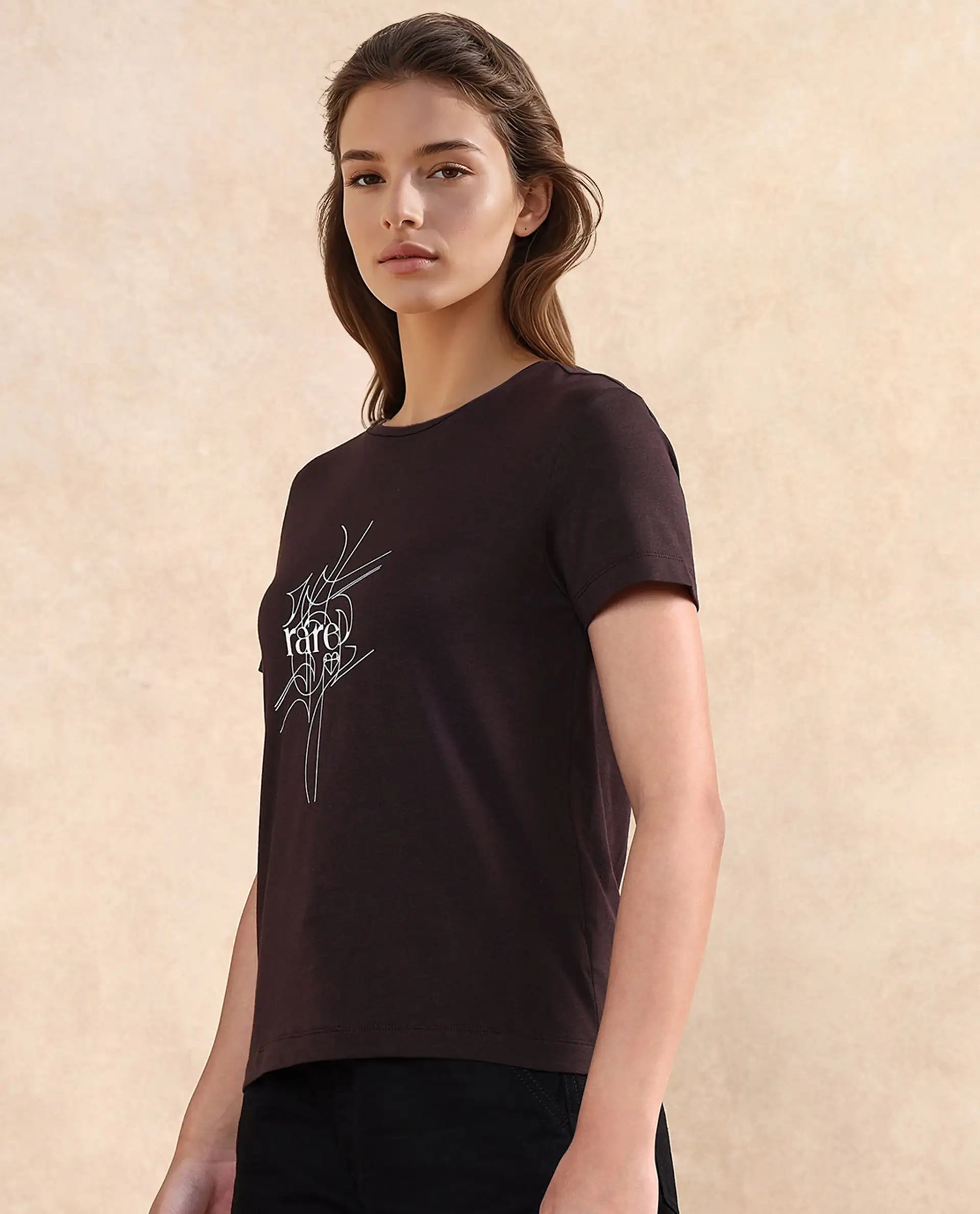 Rareism Women Klino Dark Brown Cotton Blend Fabric Short Sleeve Crew Neck Graphic Print T-Shirt