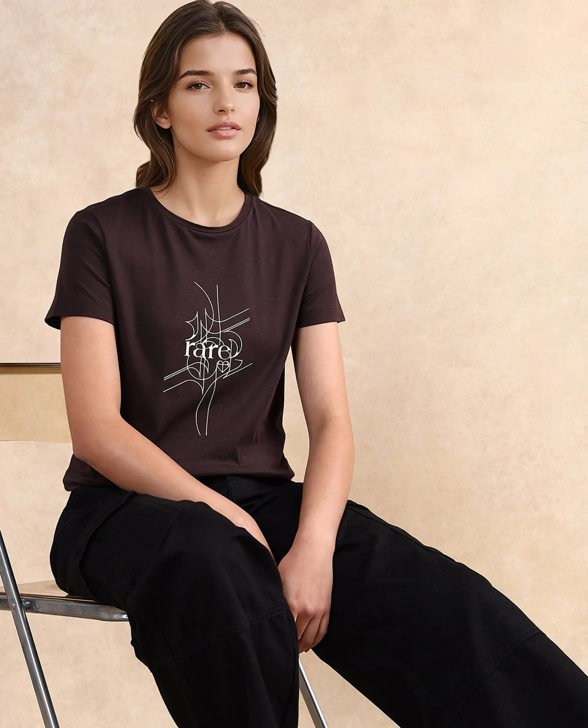 Rareism Women Klino Dark Brown Cotton Blend Fabric Short Sleeve Crew Neck Graphic Print T-Shirt