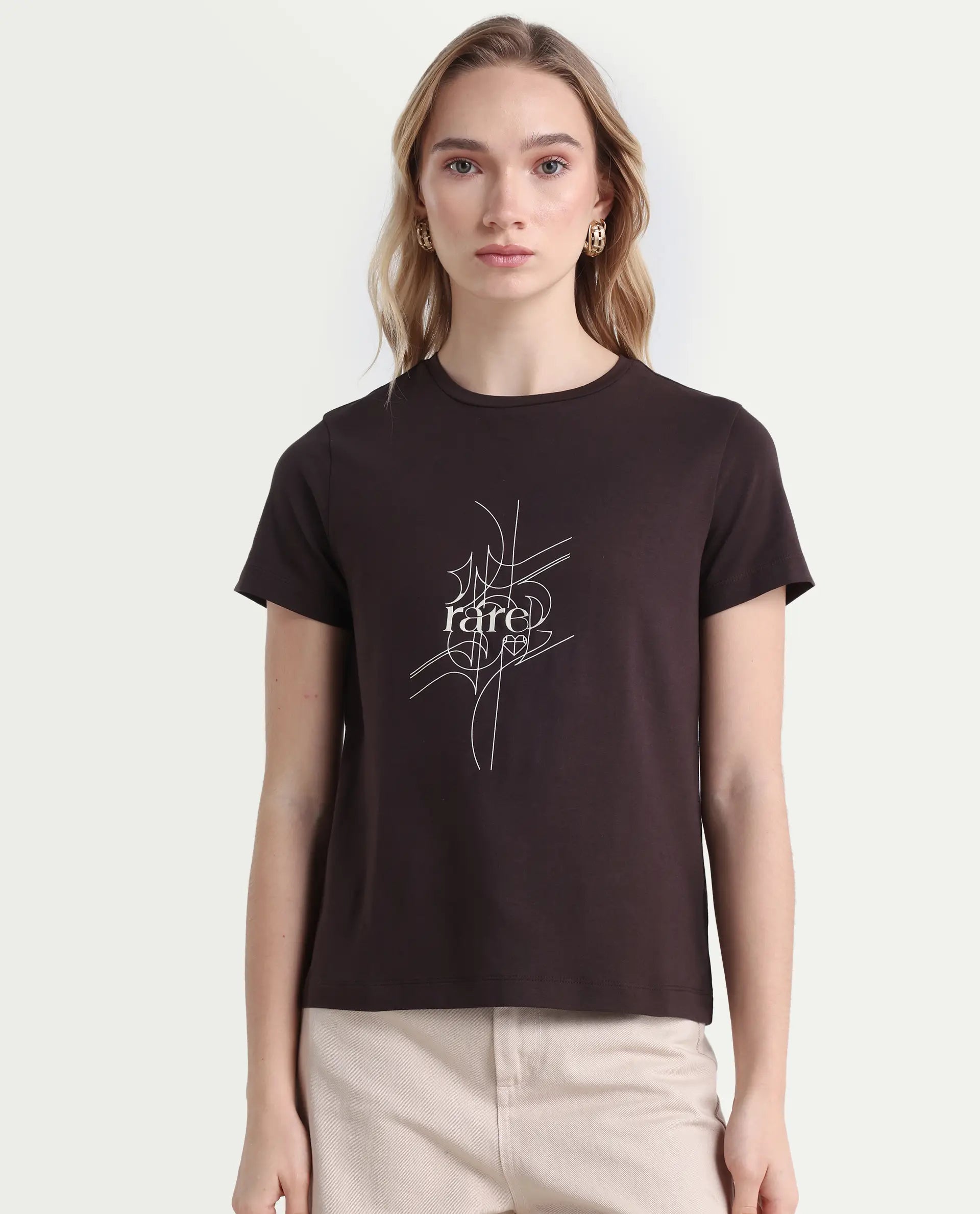 Rareism Women's Klino Dark Brown Cotton Blend Crew Neck Graphic Print Regular Fit T-Shirt