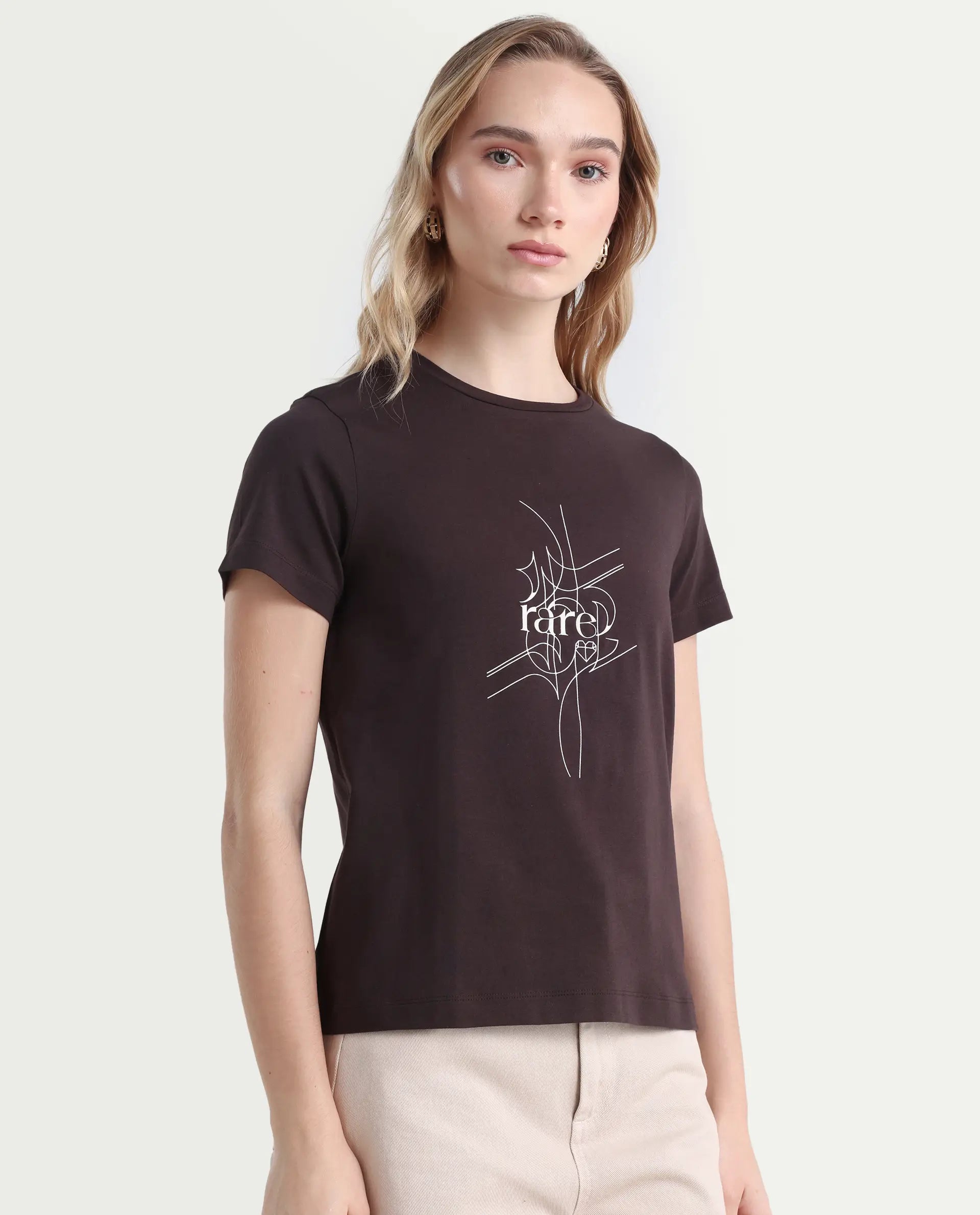 Rareism Women's Klino Dark Brown Cotton Blend Crew Neck Graphic Print Regular Fit T-Shirt