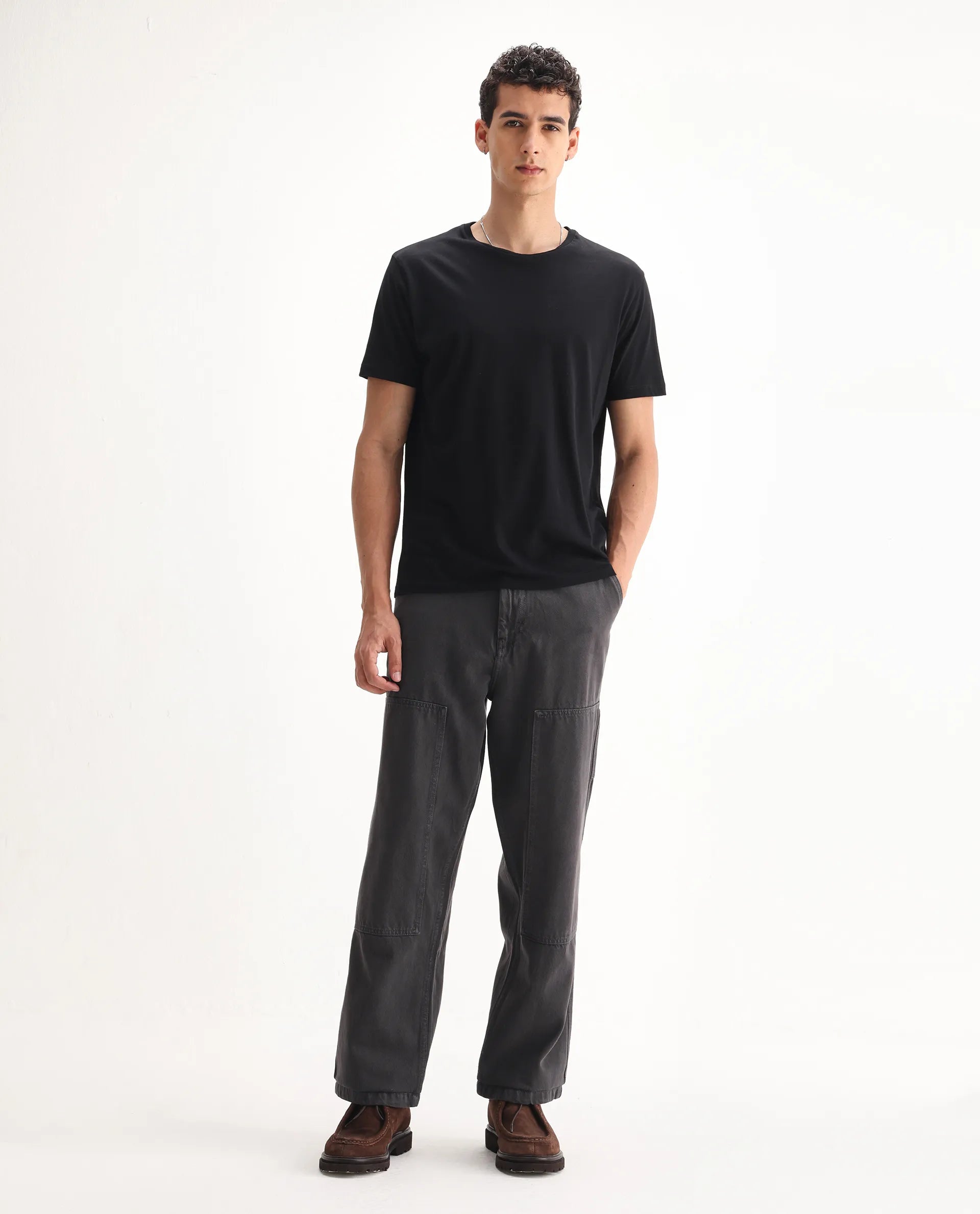 Rare Rabbit Men's Klop Dark Grey Cotton Plain Carpenter Fit Jeans