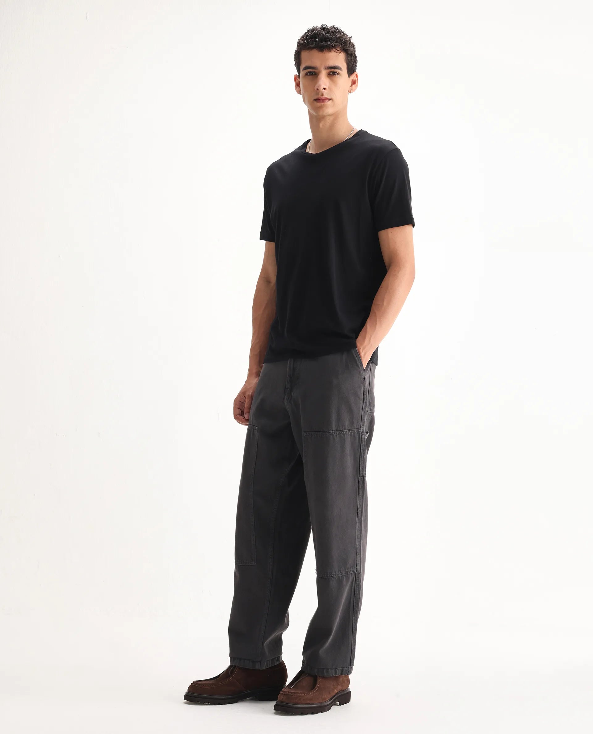 Rare Rabbit Men's Klop Dark Grey Cotton Plain Carpenter Fit Jeans