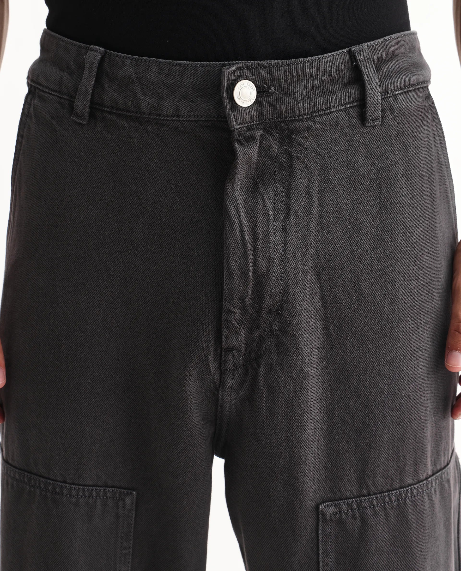 Rare Rabbit Men's Klop Dark Grey Cotton Plain Carpenter Fit Jeans