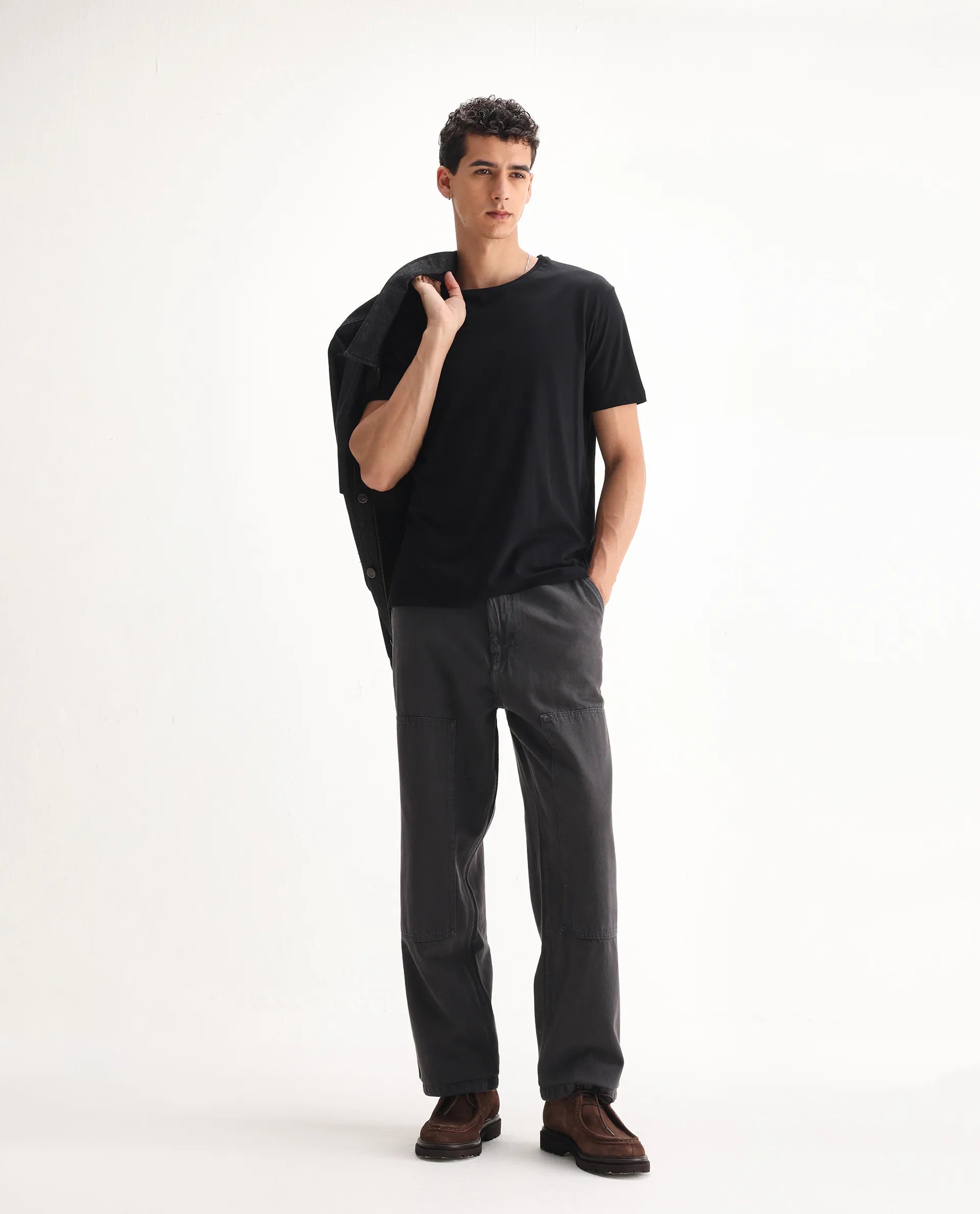 Rare Rabbit Men's Klop Dark Grey Cotton Plain Carpenter Fit Jeans