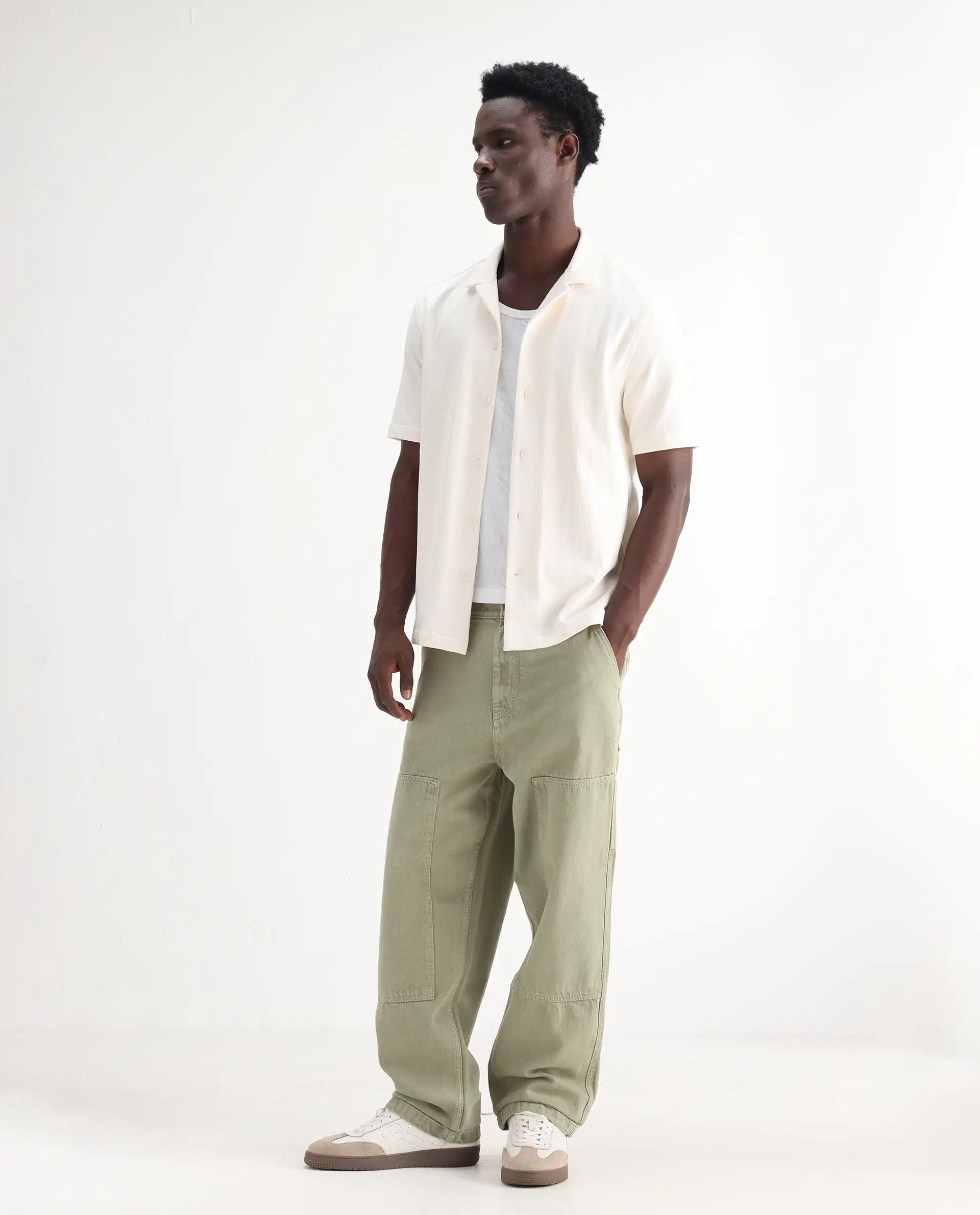 Rare Rabbit Men's Klop Pastel Green Cotton Plain Carpenter Fit Jeans