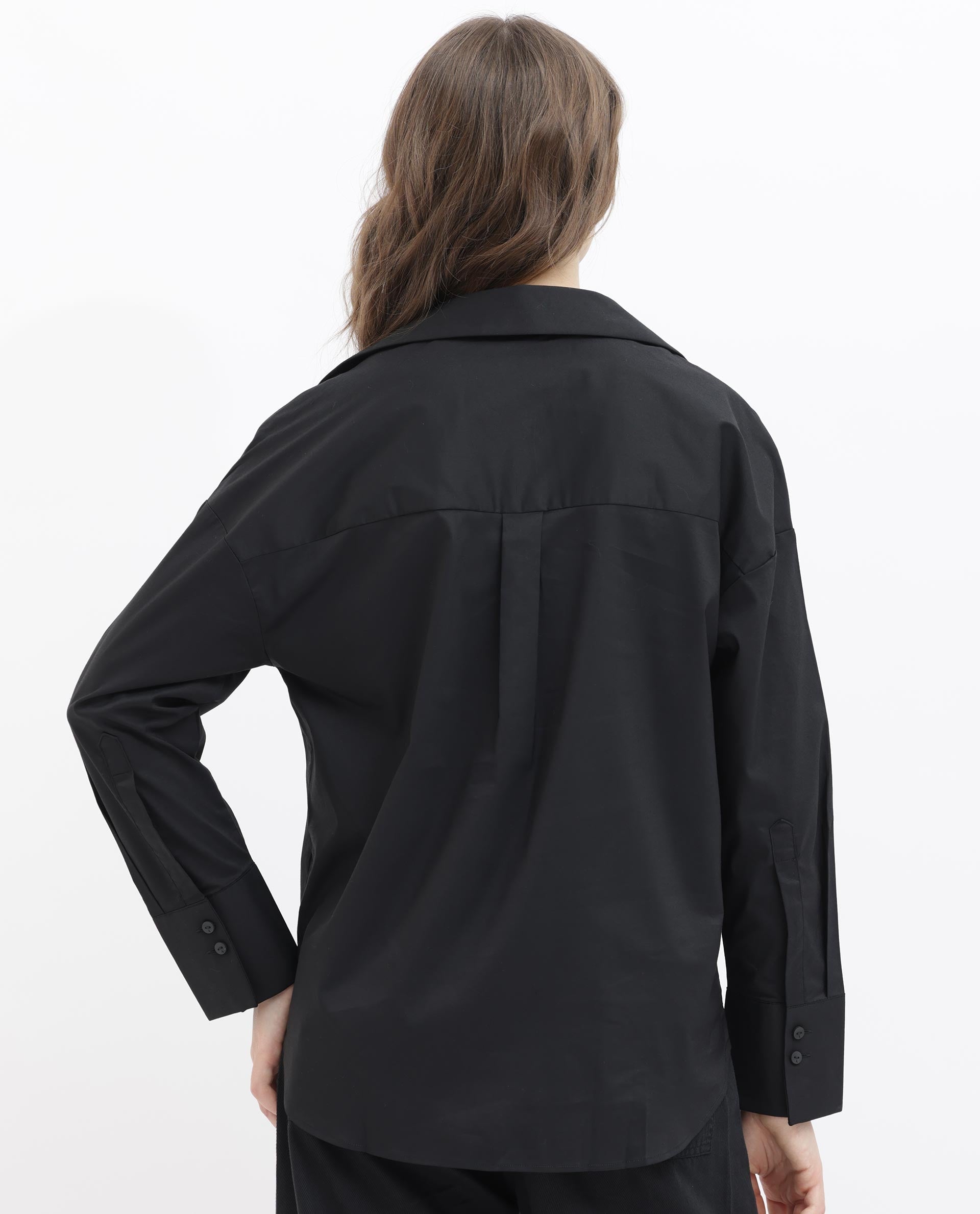 Rareism Womens Klox Black Shirt Full Sleeve Collared Neck Woven Hip Length