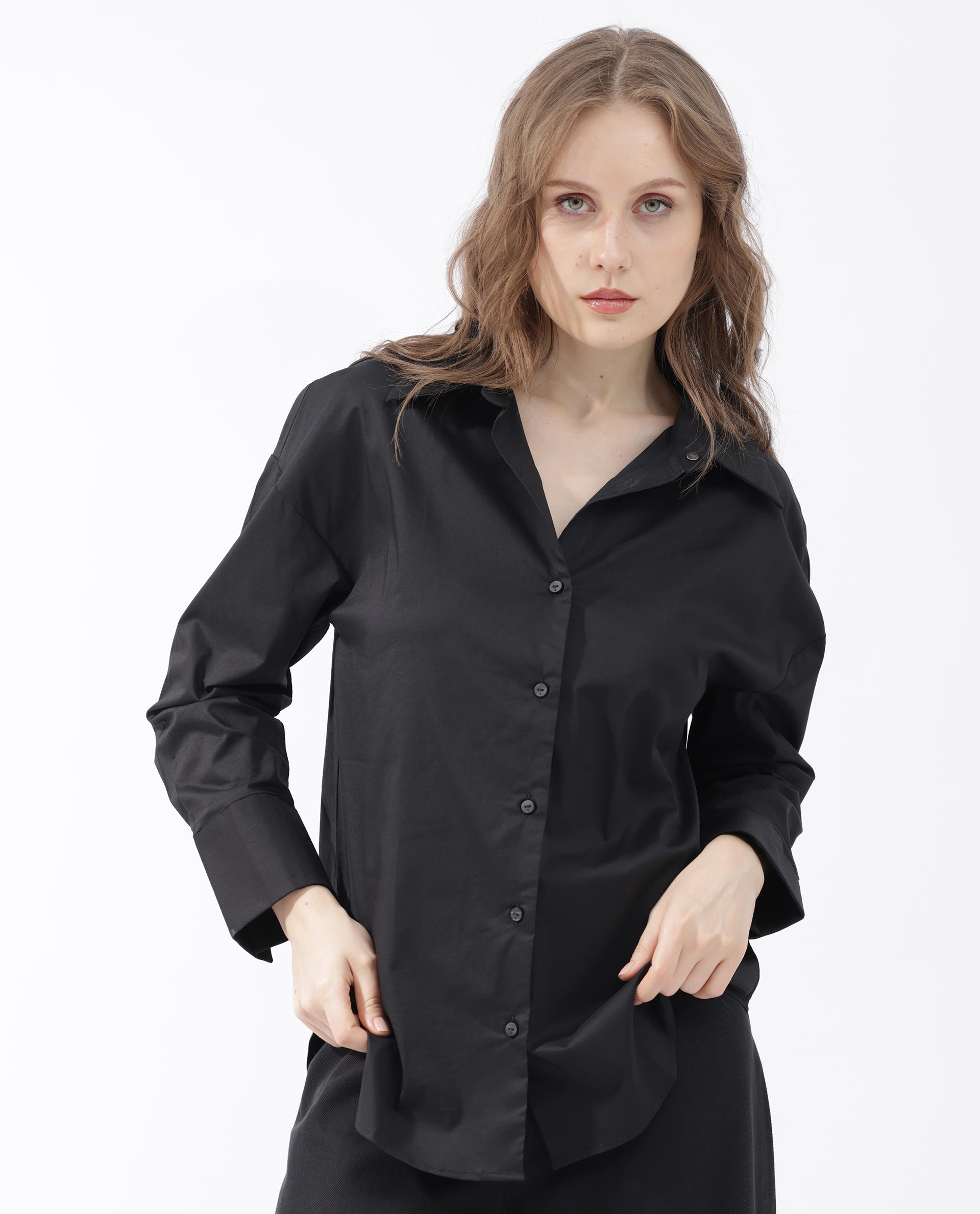 Rareism Womens Klox Black Shirt Full Sleeve Collared Neck Woven Hip Length