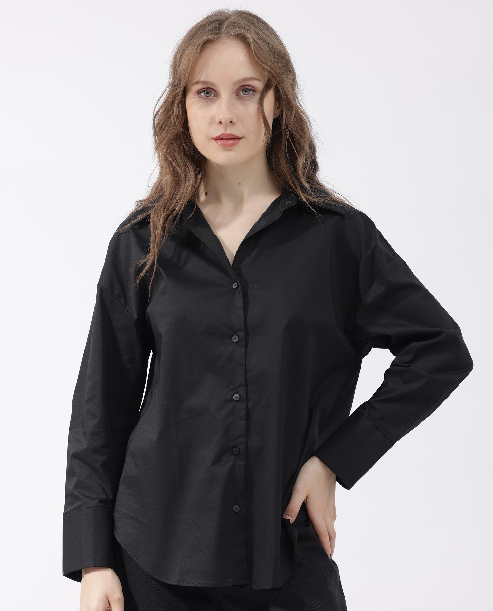 Rareism Womens Klox Black Shirt Full Sleeve Collared Neck Woven Hip Length