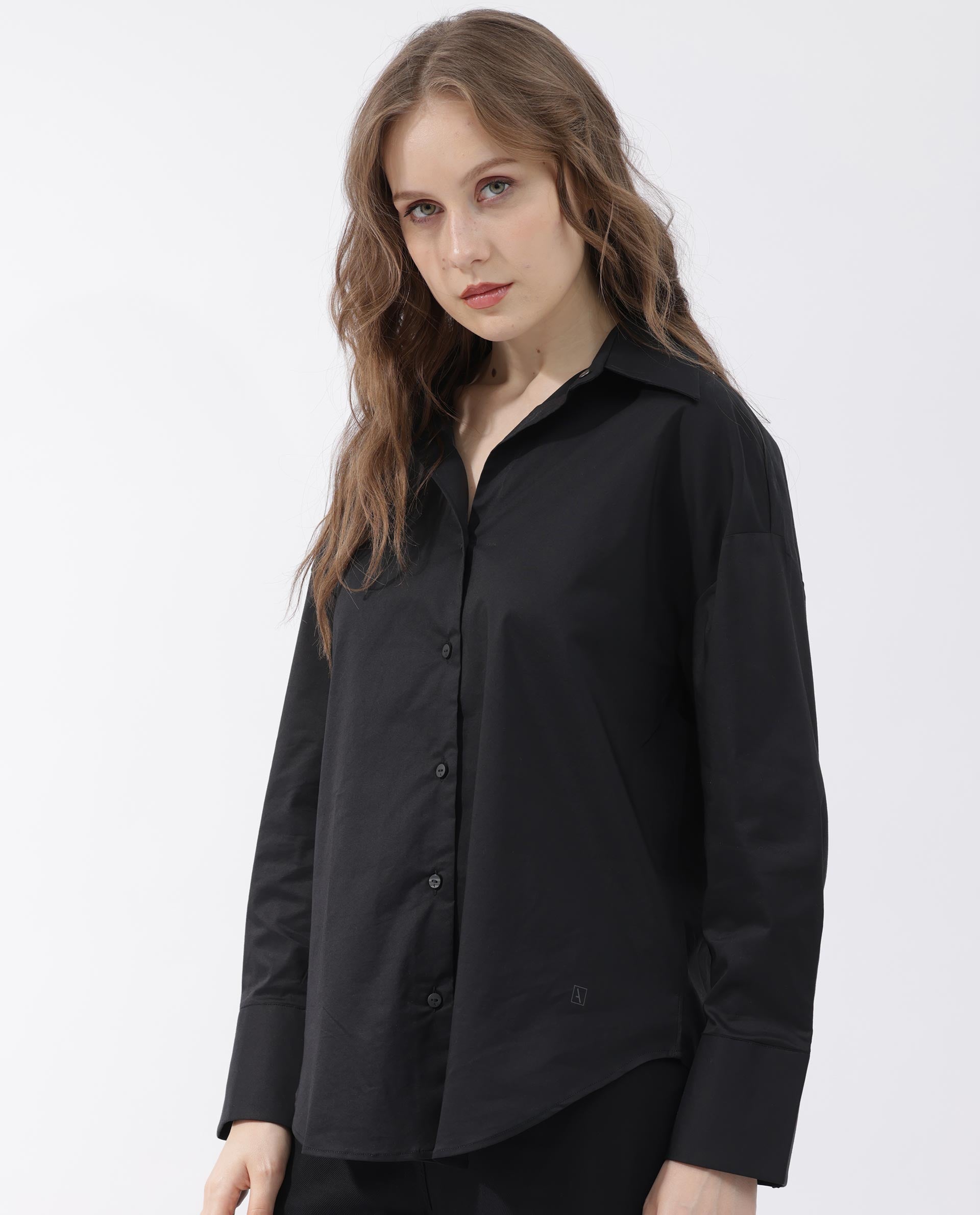 Rareism Womens Klox Black Shirt Full Sleeve Collared Neck Woven Hip Length