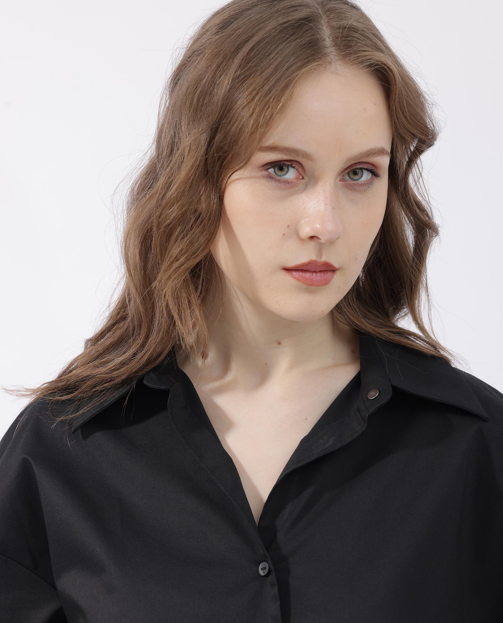 Rareism Womens Klox Black Shirt Full Sleeve Collared Neck Woven Hip Length