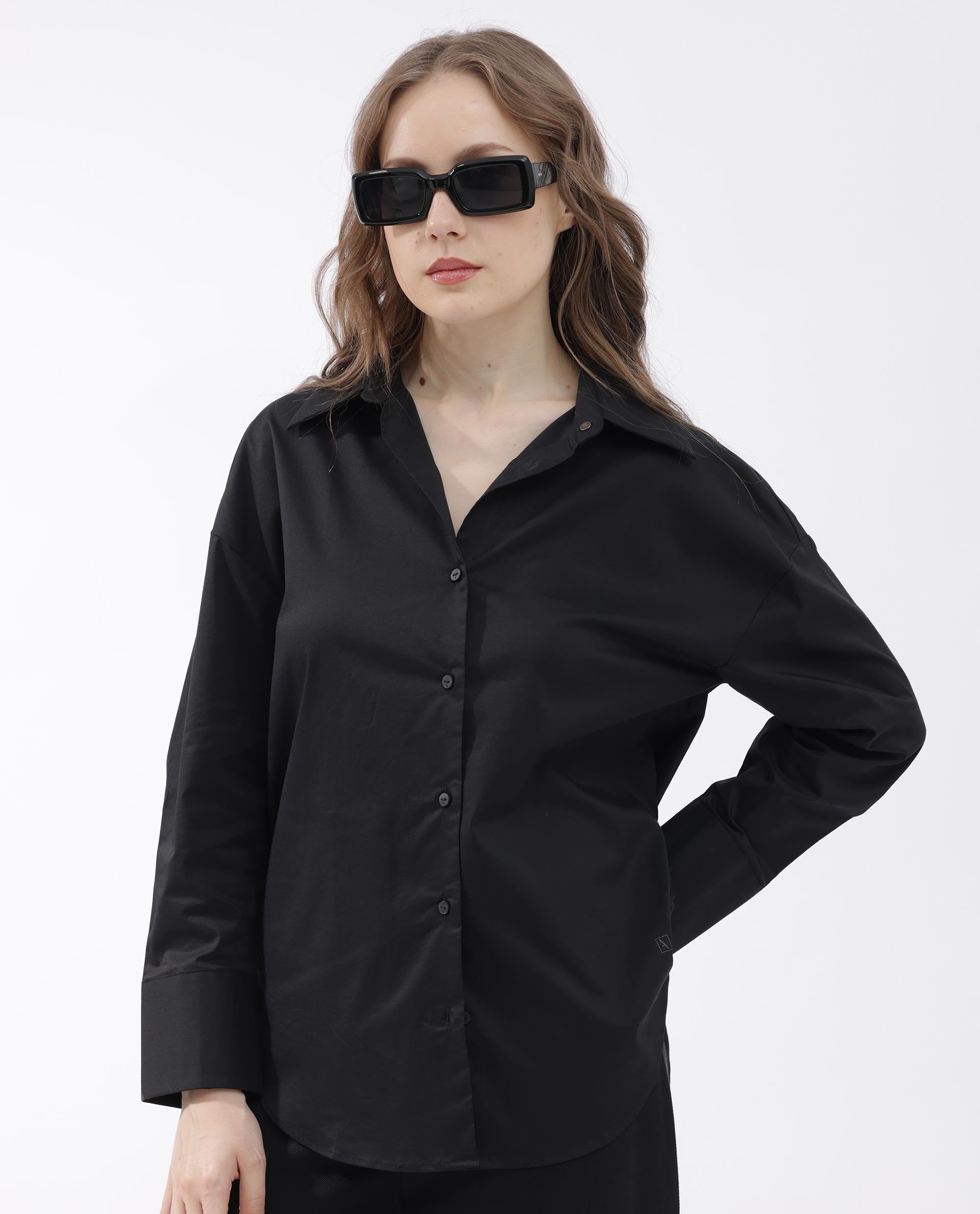 Rareism Womens Klox Black Shirt Full Sleeve Collared Neck Woven Hip Length