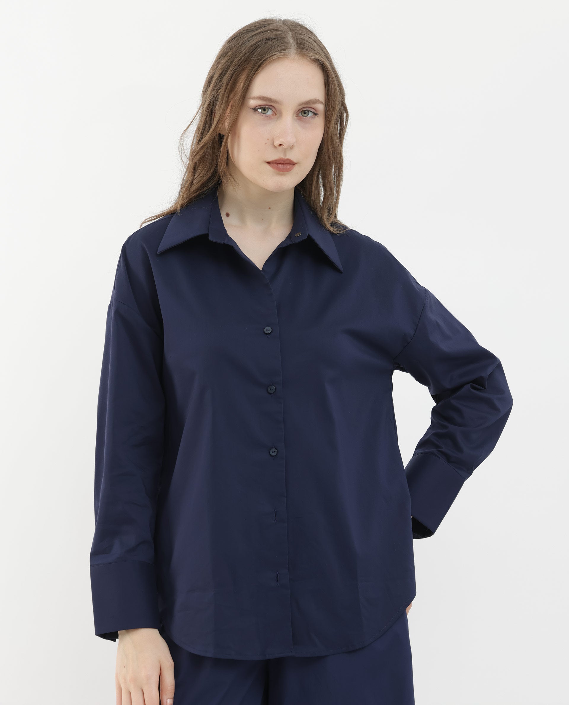 Rareism Women Klox Navy Cuffed Sleeve Shirt Collar Solid Shirt