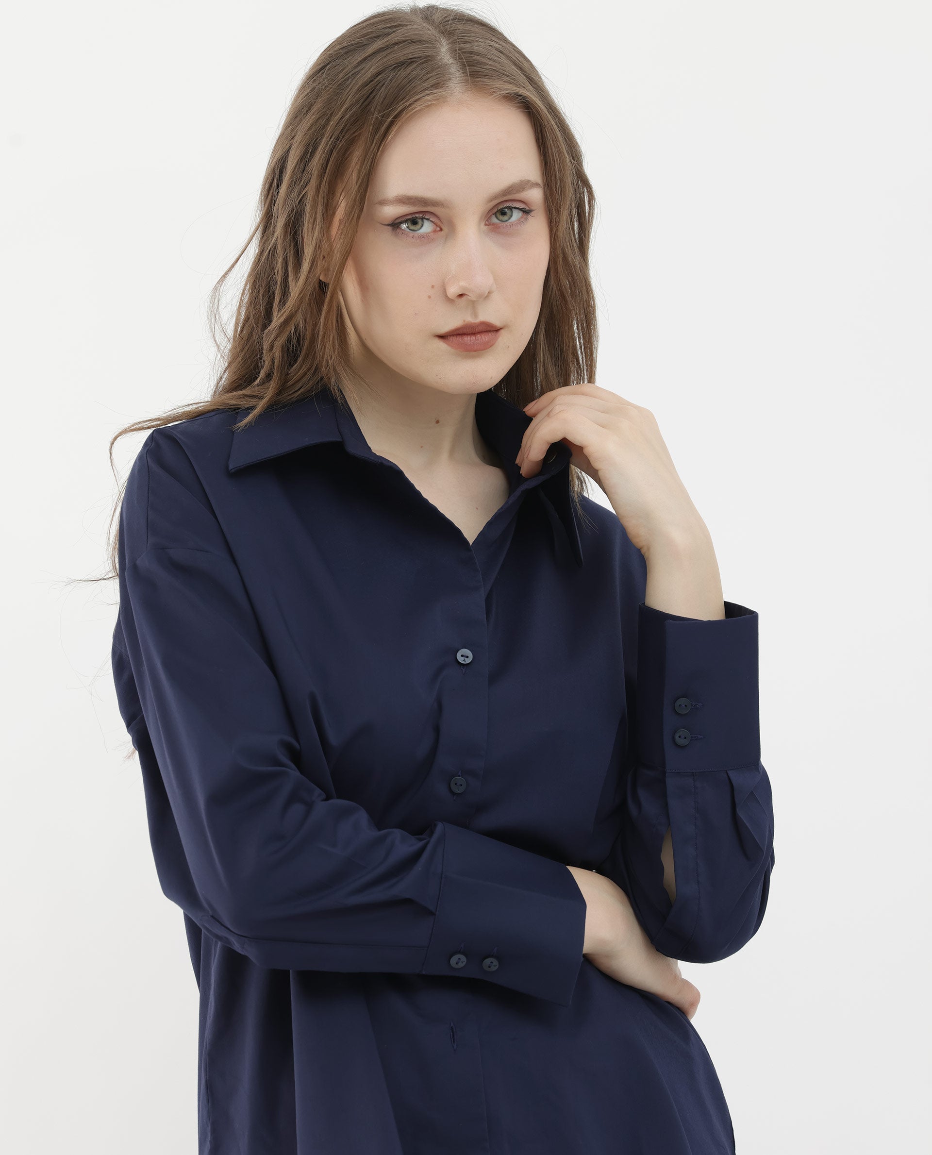 Rareism Women Klox Navy Cuffed Sleeve Shirt Collar Solid Shirt