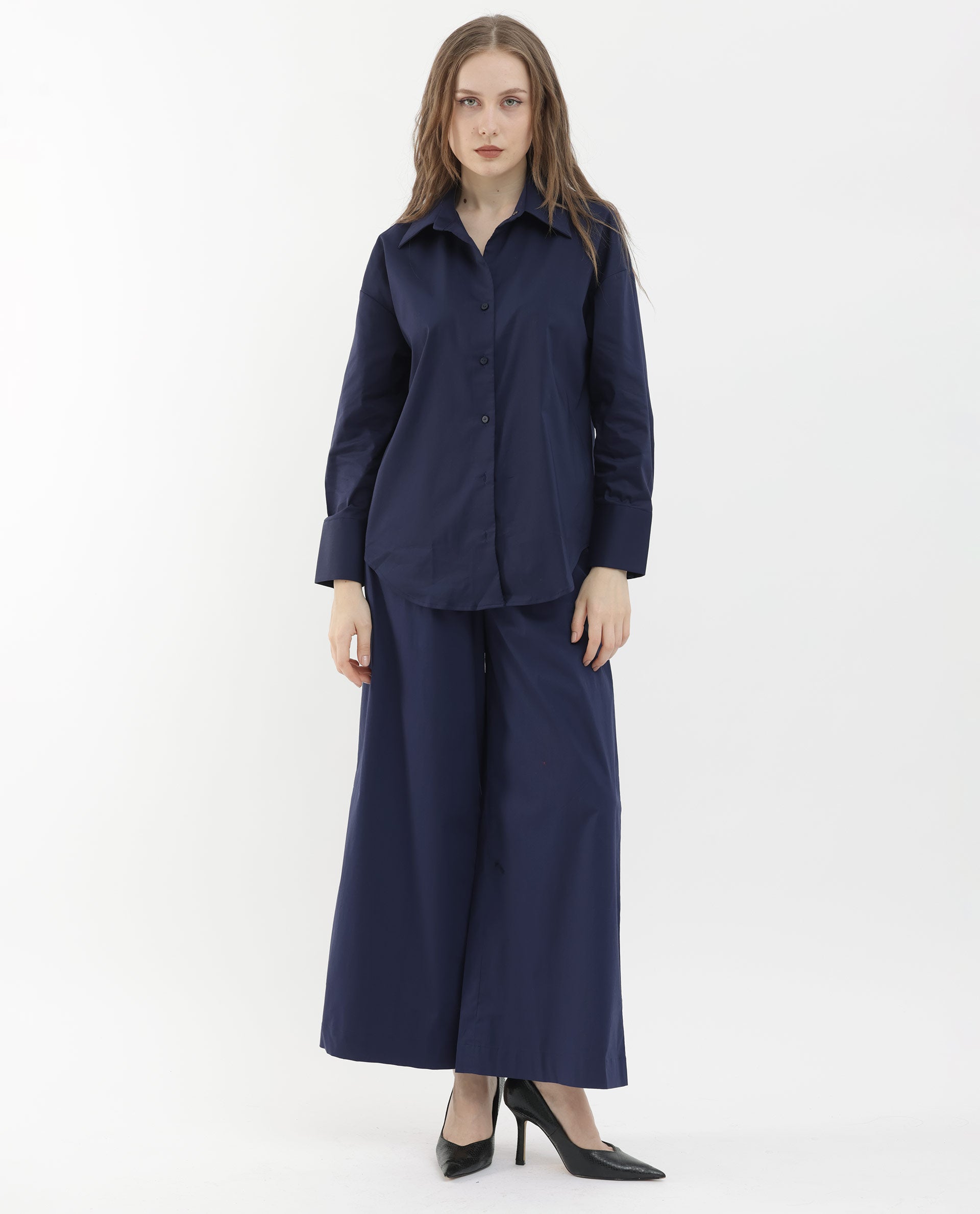 Rareism Women Klox Navy Cuffed Sleeve Shirt Collar Solid Shirt