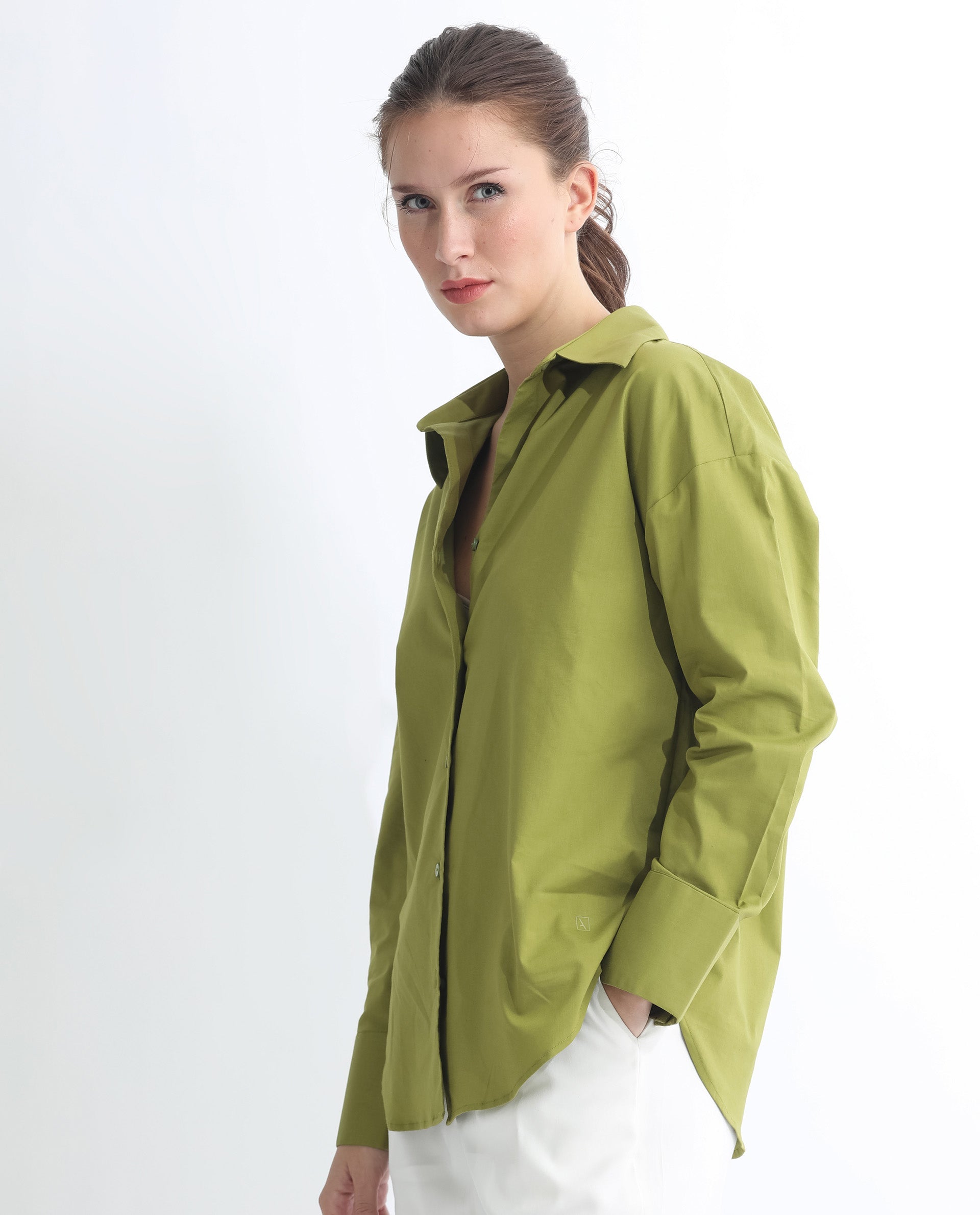 Rareism Women Klox Light Olive  Cuffed Sleeve Shirt Collar Solid Shirt