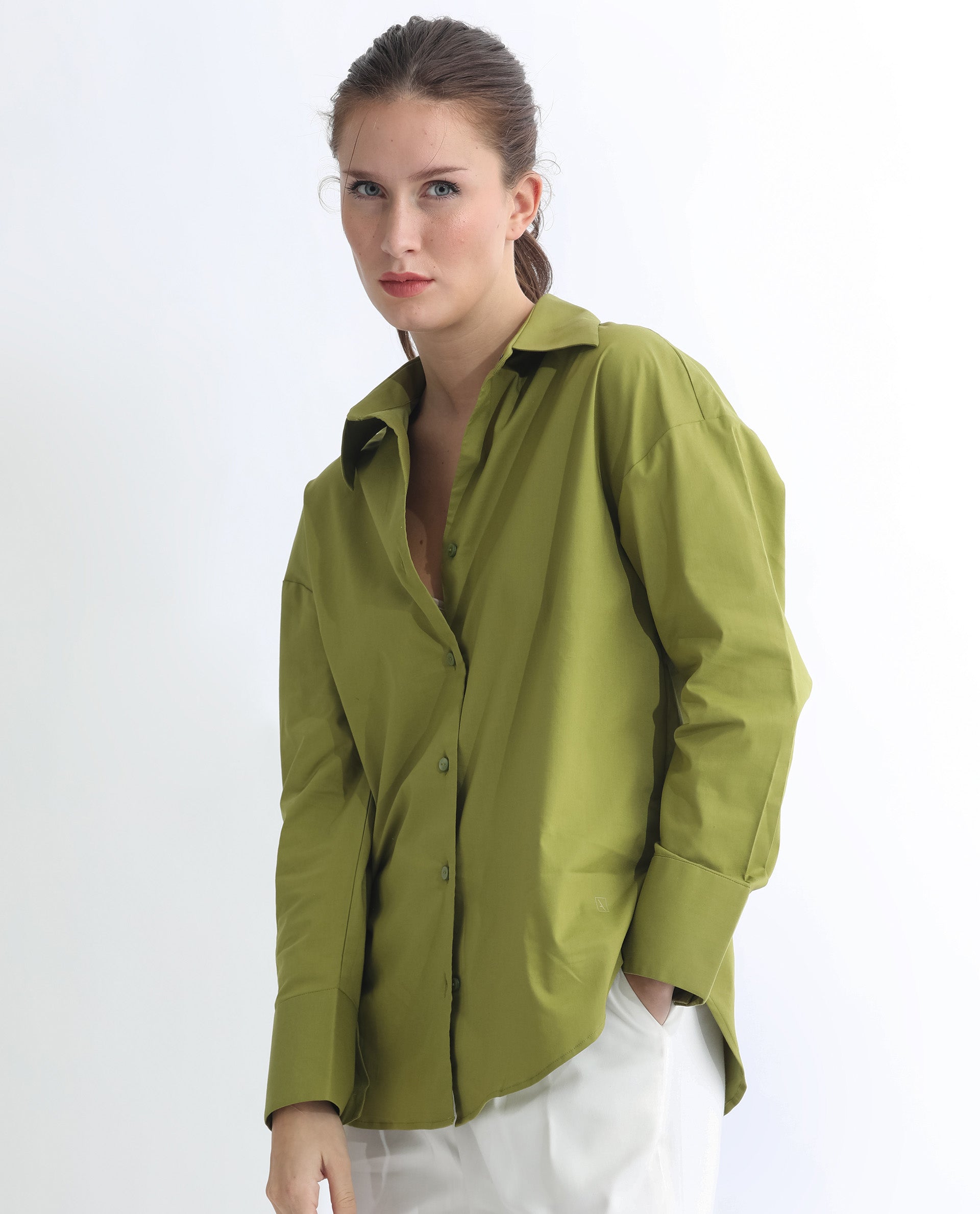 Rareism Women Klox Light Olive  Cuffed Sleeve Shirt Collar Solid Shirt