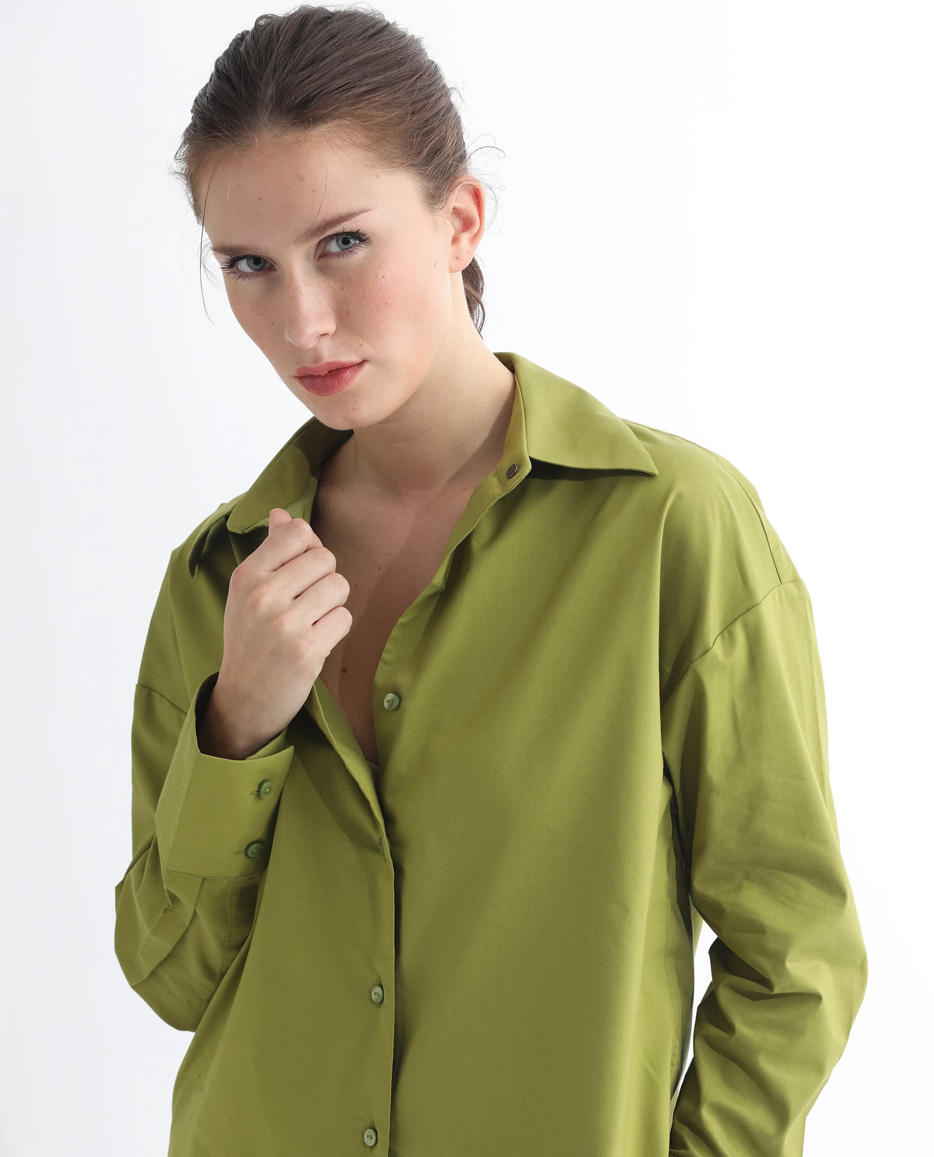 Rareism Women Klox Light Olive  Cuffed Sleeve Shirt Collar Solid Shirt