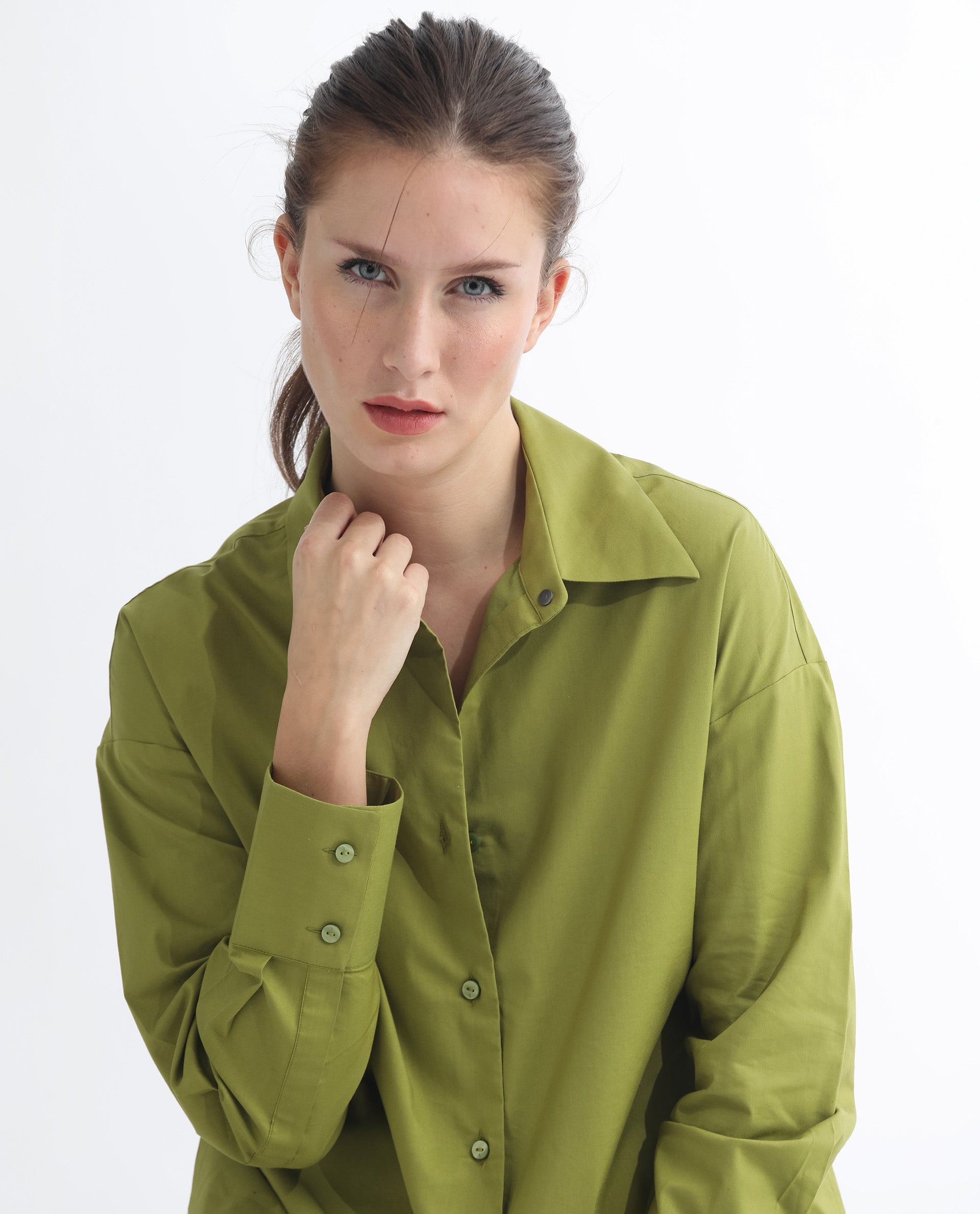 Rareism Women Klox Light Olive  Cuffed Sleeve Shirt Collar Solid Shirt