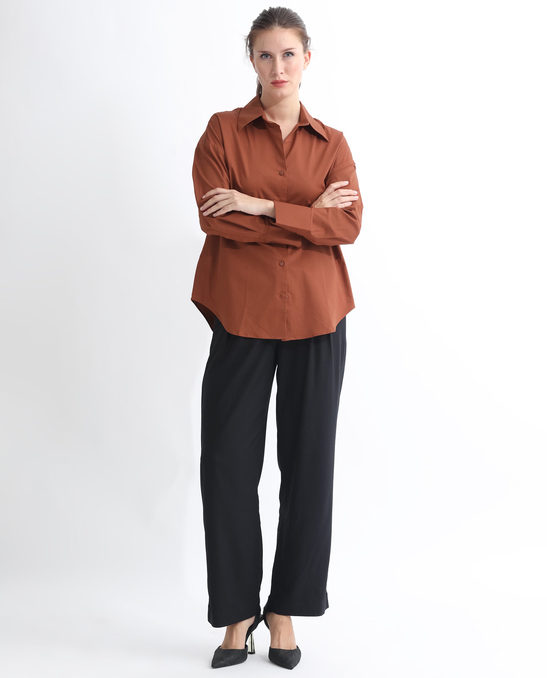 Rareism Women Klox Orange  Cuffed Sleeve Shirt Collar Solid Shirt