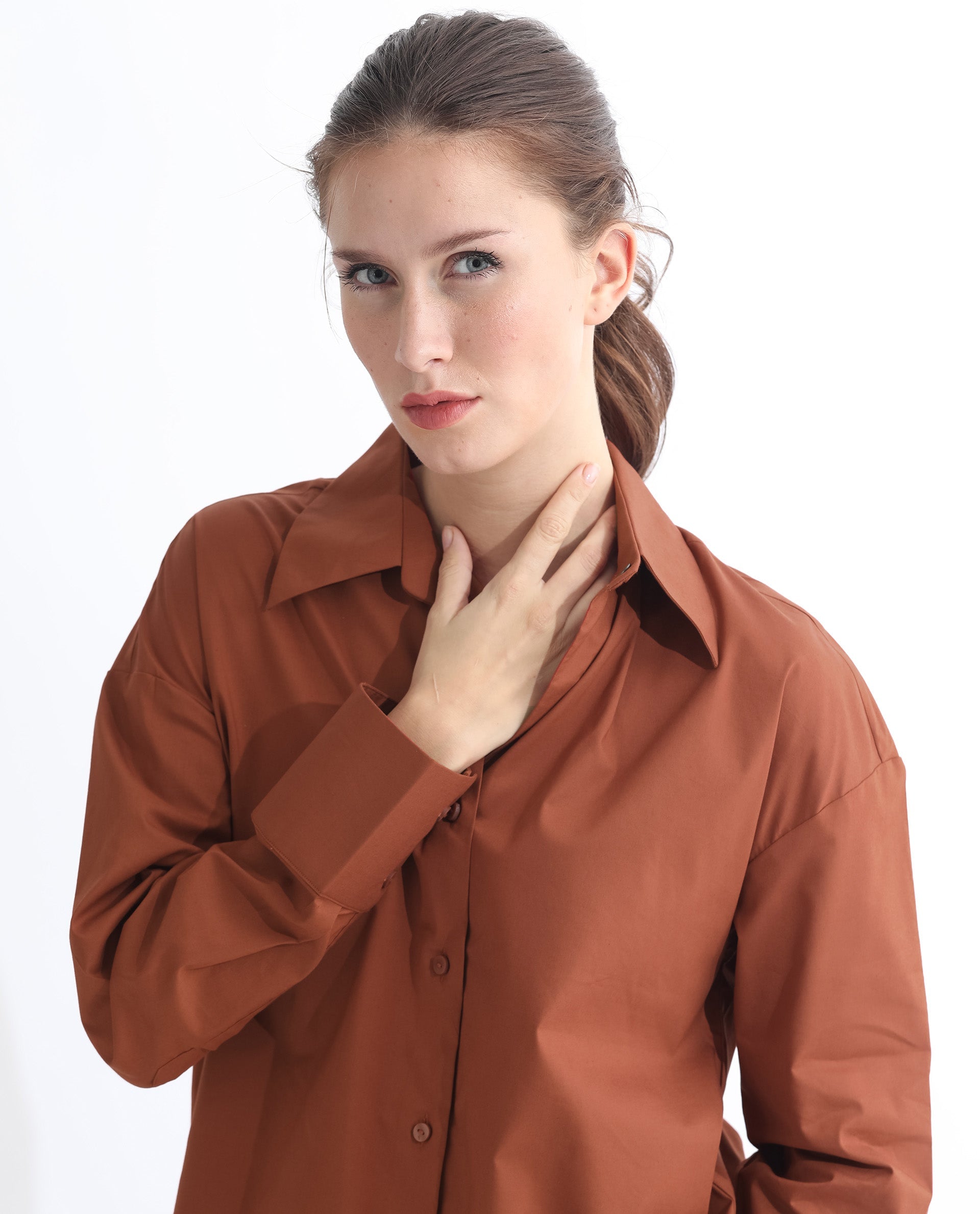 Rareism Women Klox Orange  Cuffed Sleeve Shirt Collar Solid Shirt
