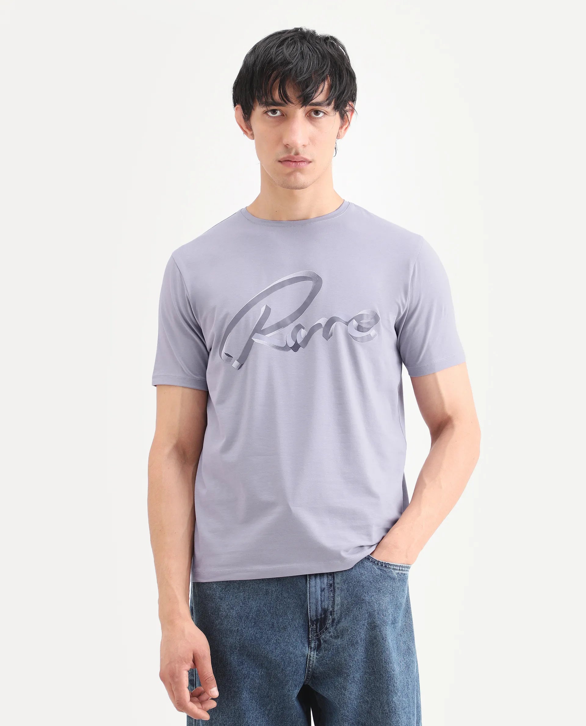 Rare Rabbit Men's Kloz Pastel Purple Cotton Blend Fabric Half Sleeve Crew Neck Regular Fit Graphic Print T-Shirt