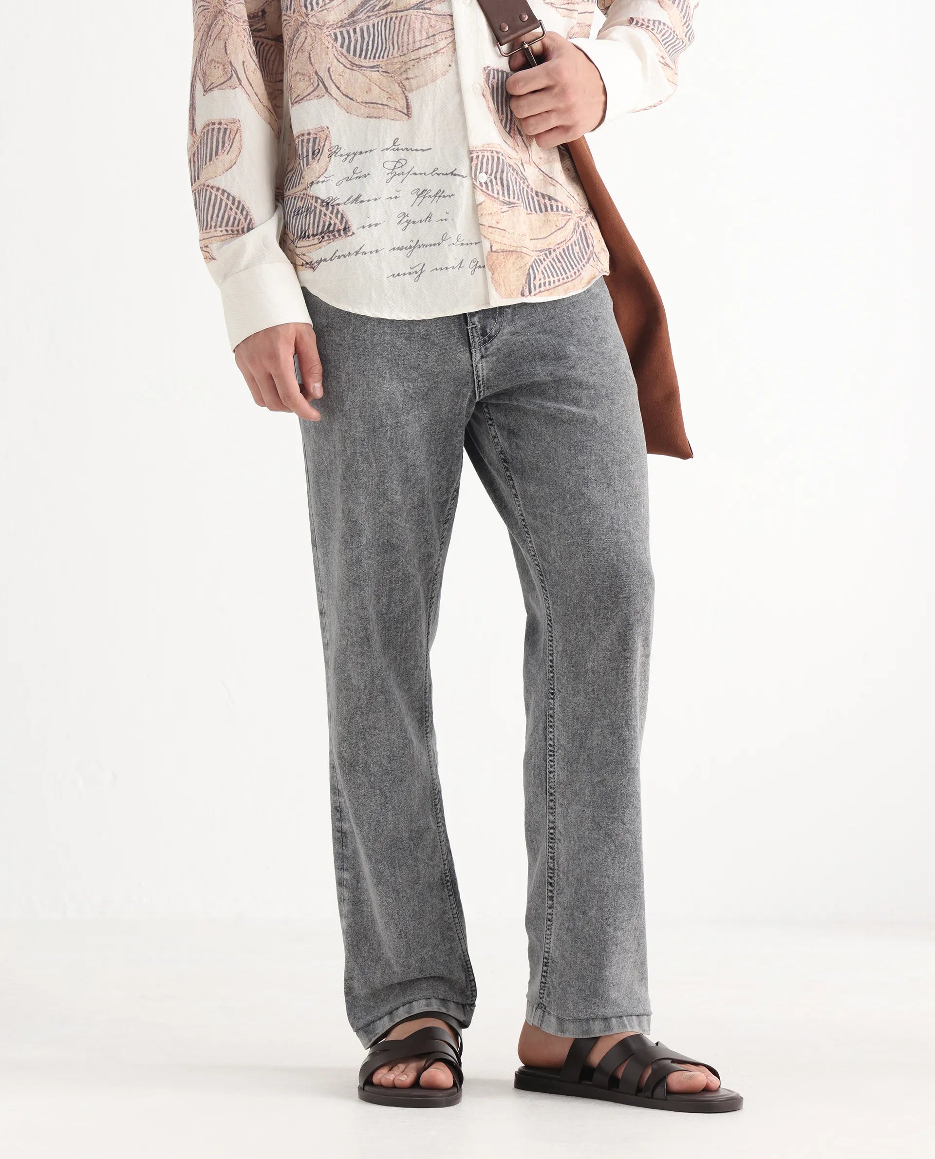 Rare Rabbit Men's Klune Light Grey Cotton Plain Hawk Slim Fit Jeans