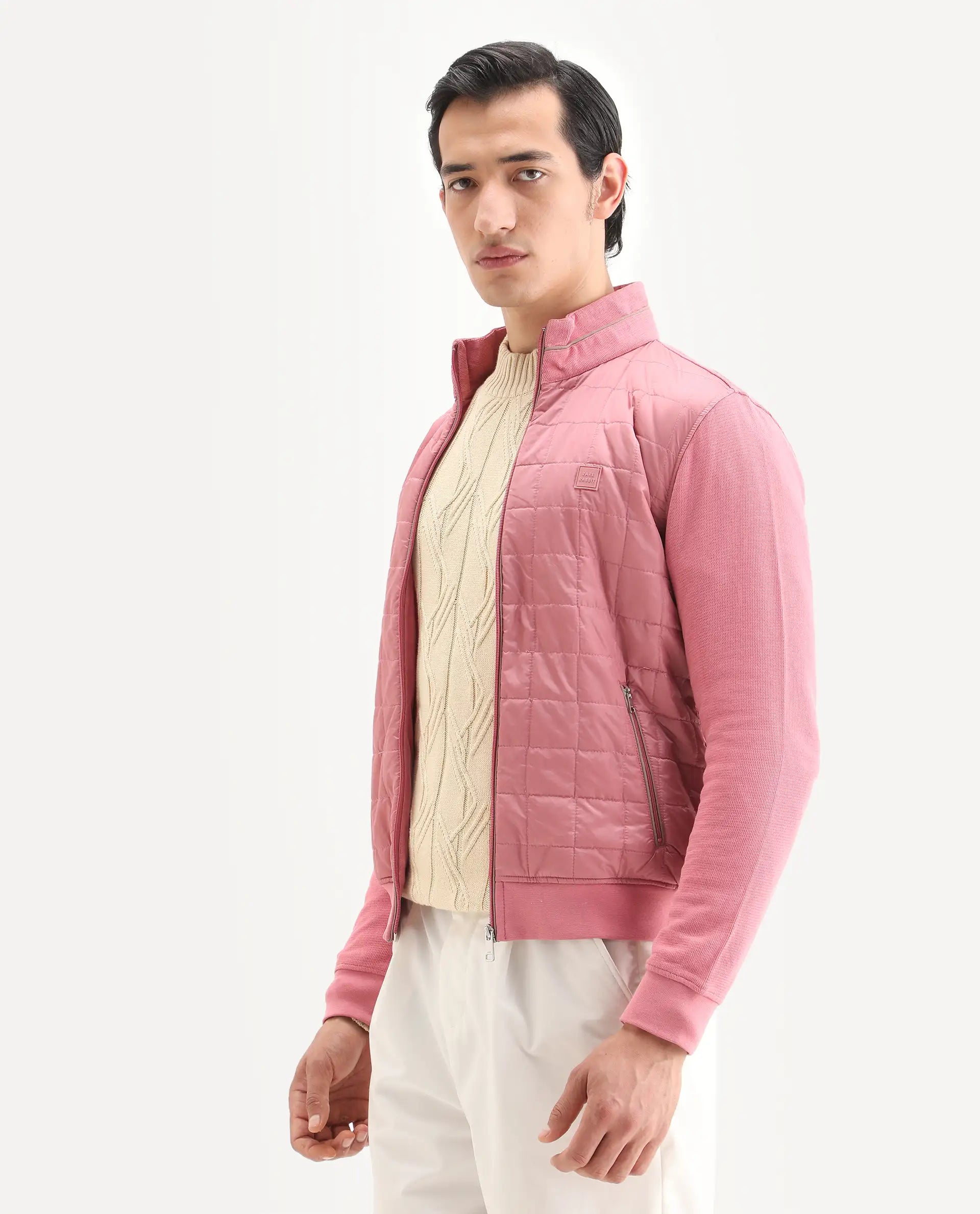 Rare Rabbit Men's Kneto Pink Cotton Plain Regular Fit Full Sleeve High Neck Jacket