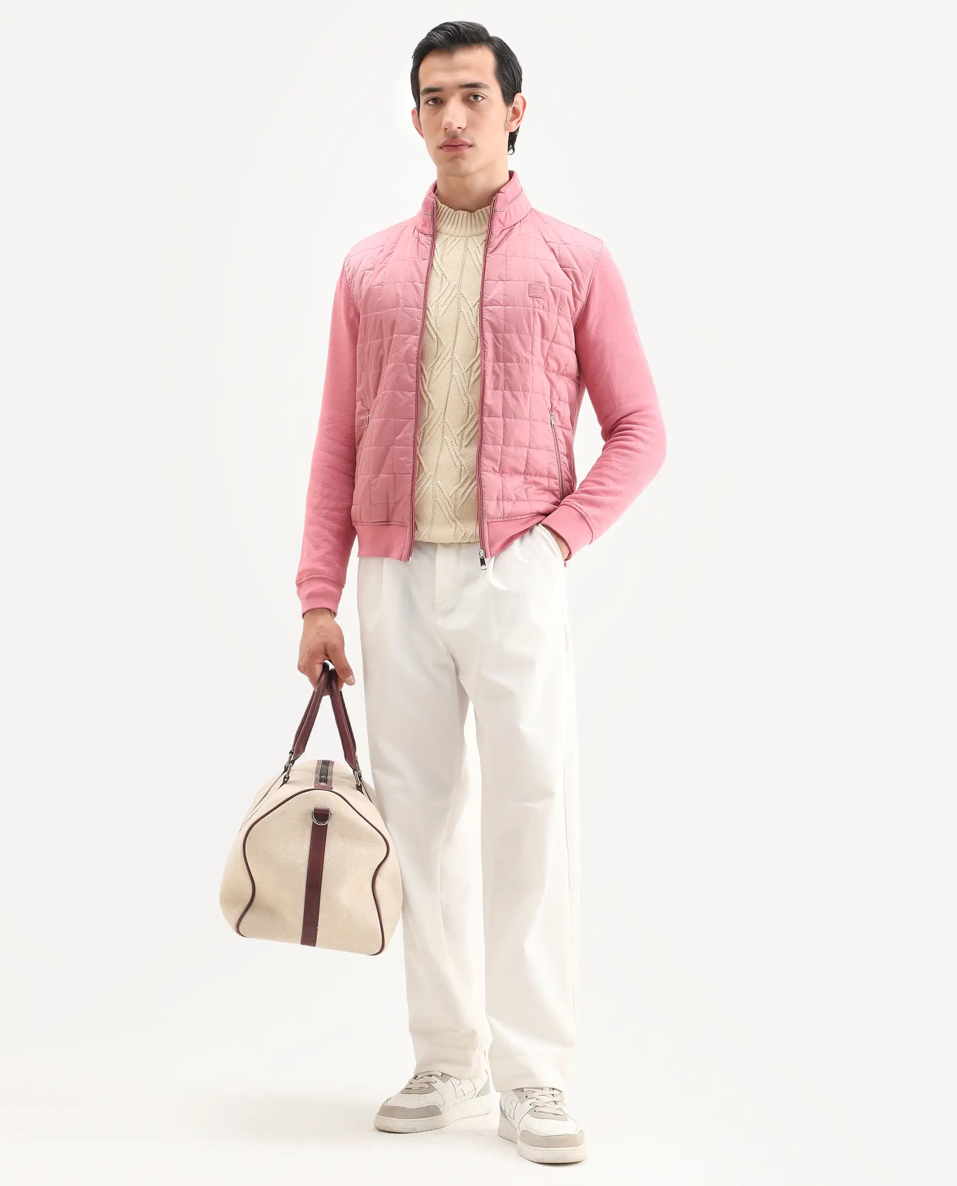 Rare Rabbit Men's Kneto Pink Cotton Plain Regular Fit Full Sleeve High Neck Jacket