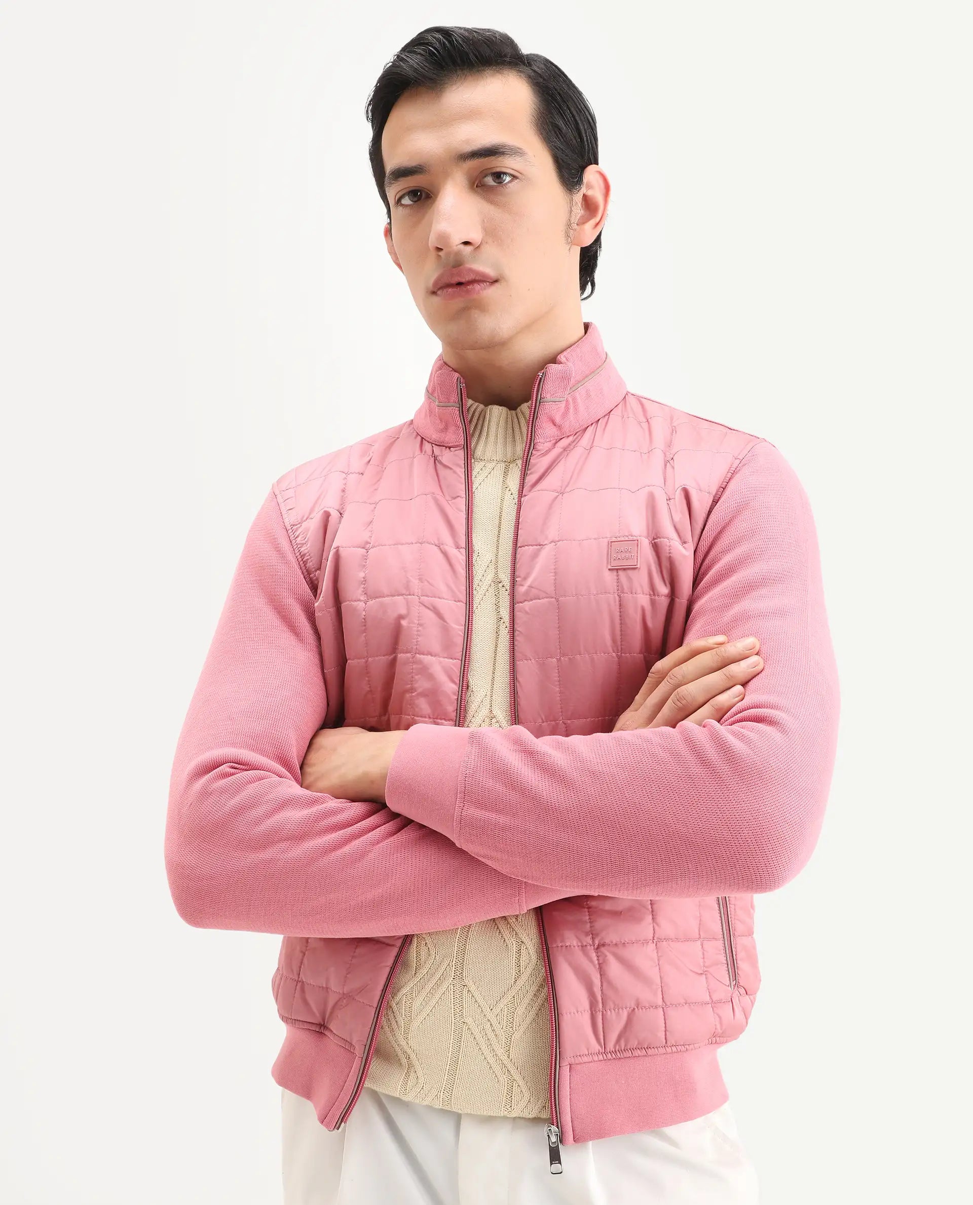 Rare Rabbit Men's Kneto Pink Cotton Plain Regular Fit Full Sleeve High Neck Jacket