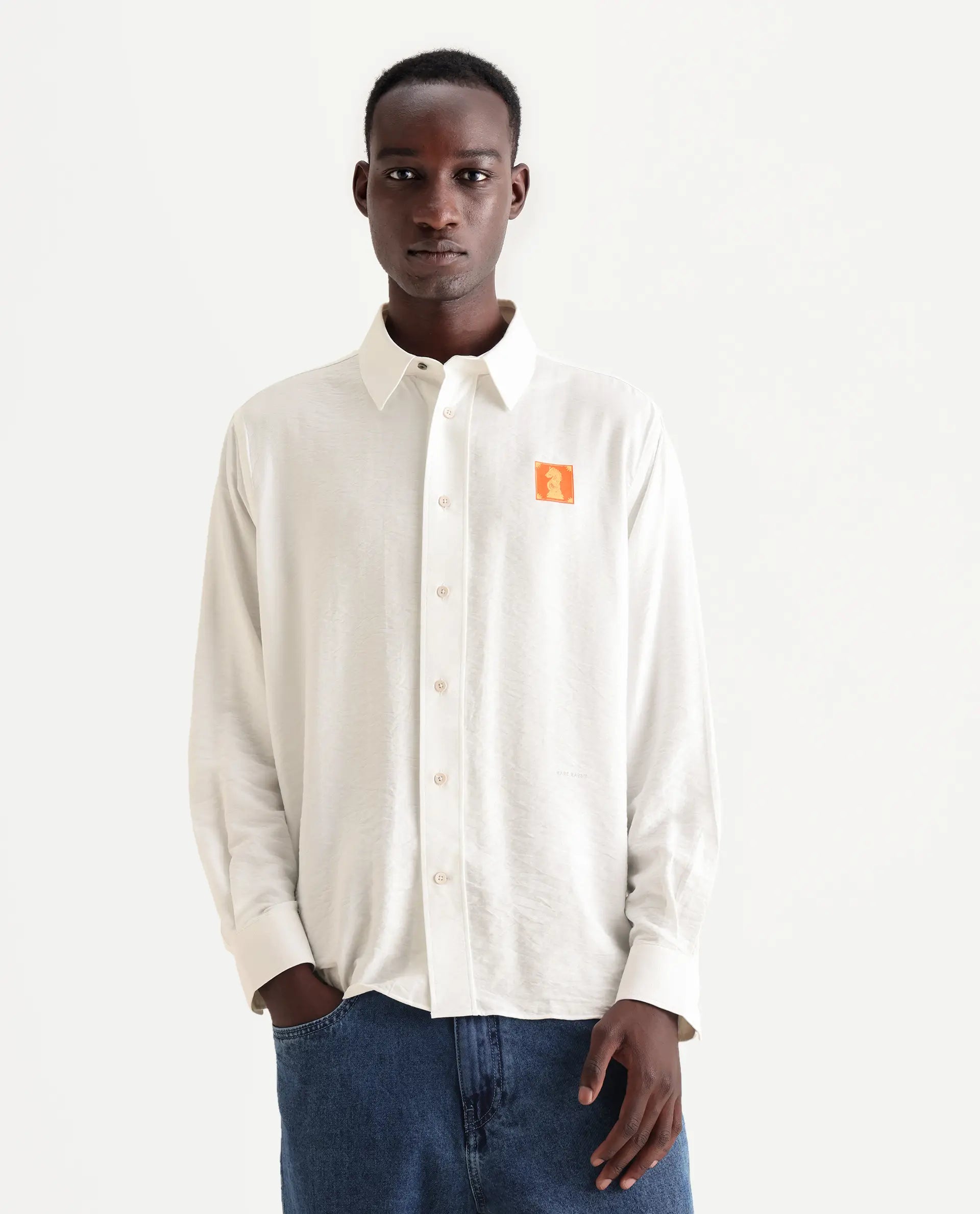 Rare Rabbit Men's Knight White Cotton Blend Flock Print Regular Fit Full Sleeve Collared Shirt