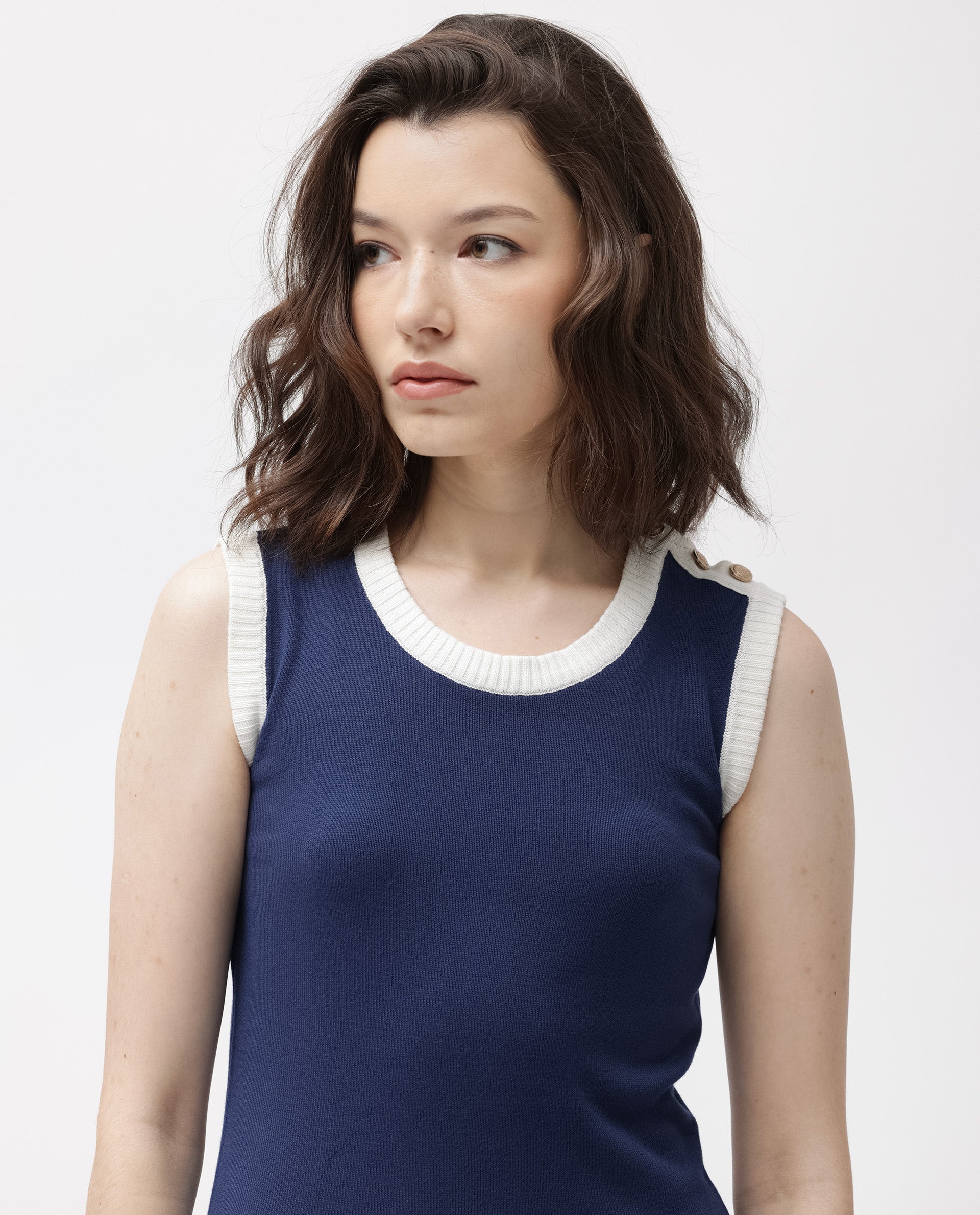 Rareism Women Knitso Navy  Sleeveless Knee Length Regular Fit Solid Round Neck Sweater