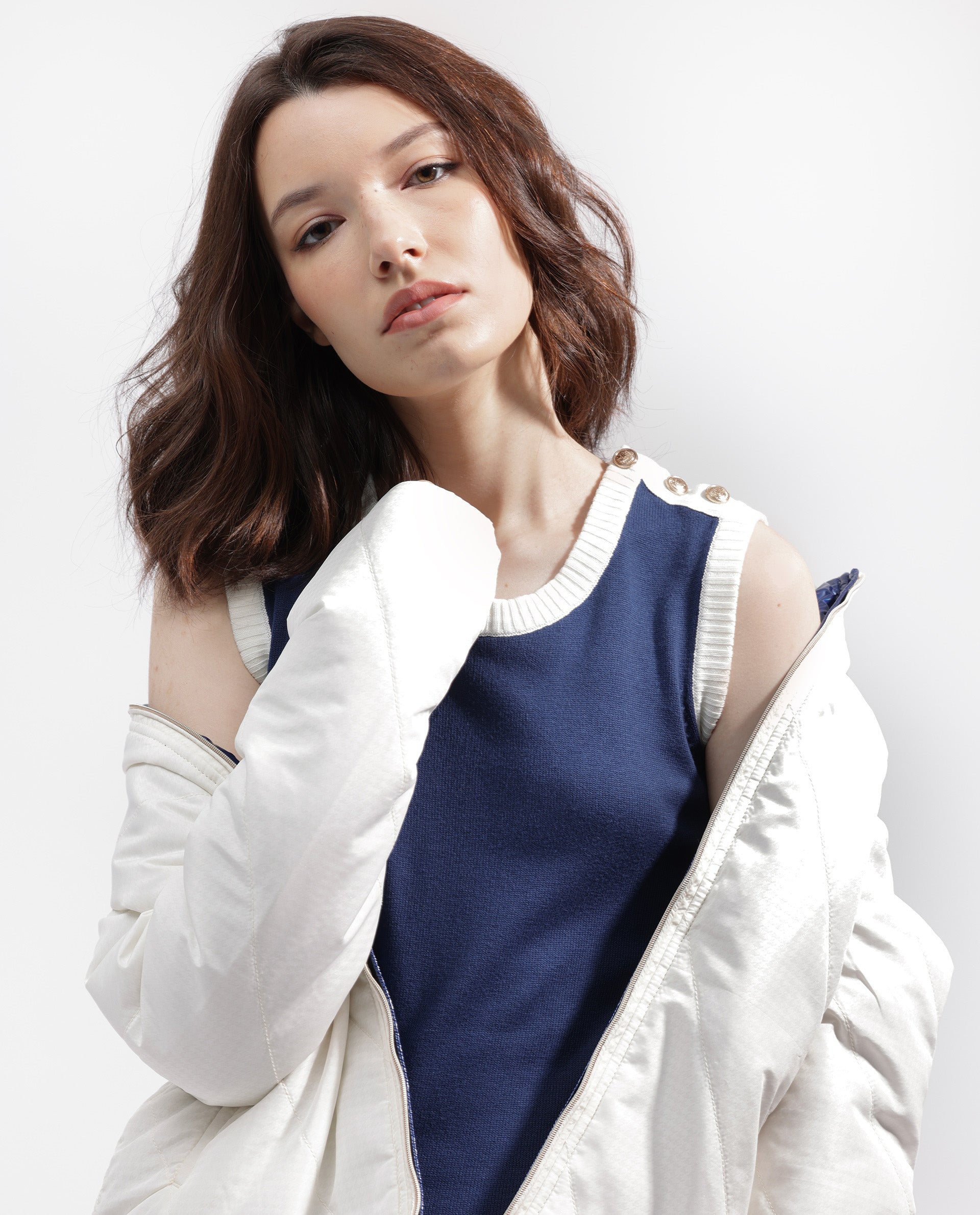 Rareism Women Knitso Navy  Sleeveless Knee Length Regular Fit Solid Round Neck Sweater