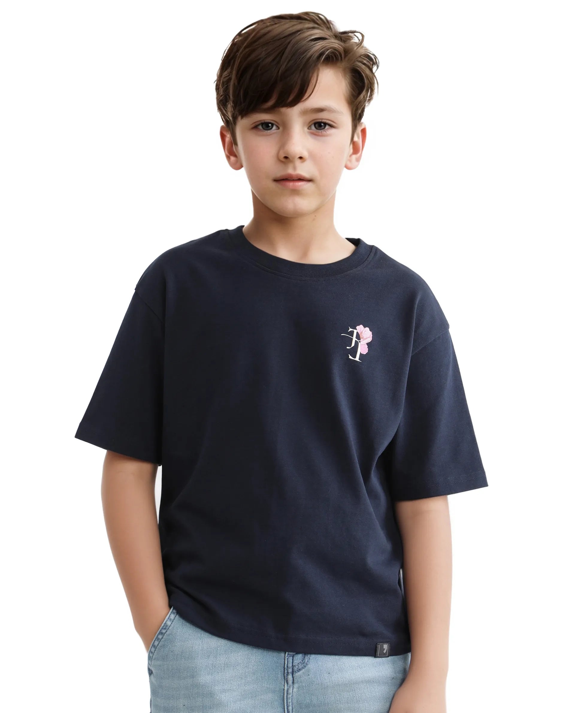 Rare Ones Kids Knix-K Navy Cotton Half Sleeve Slip-On Graphic Printed Boxy Fit T-Shirt
