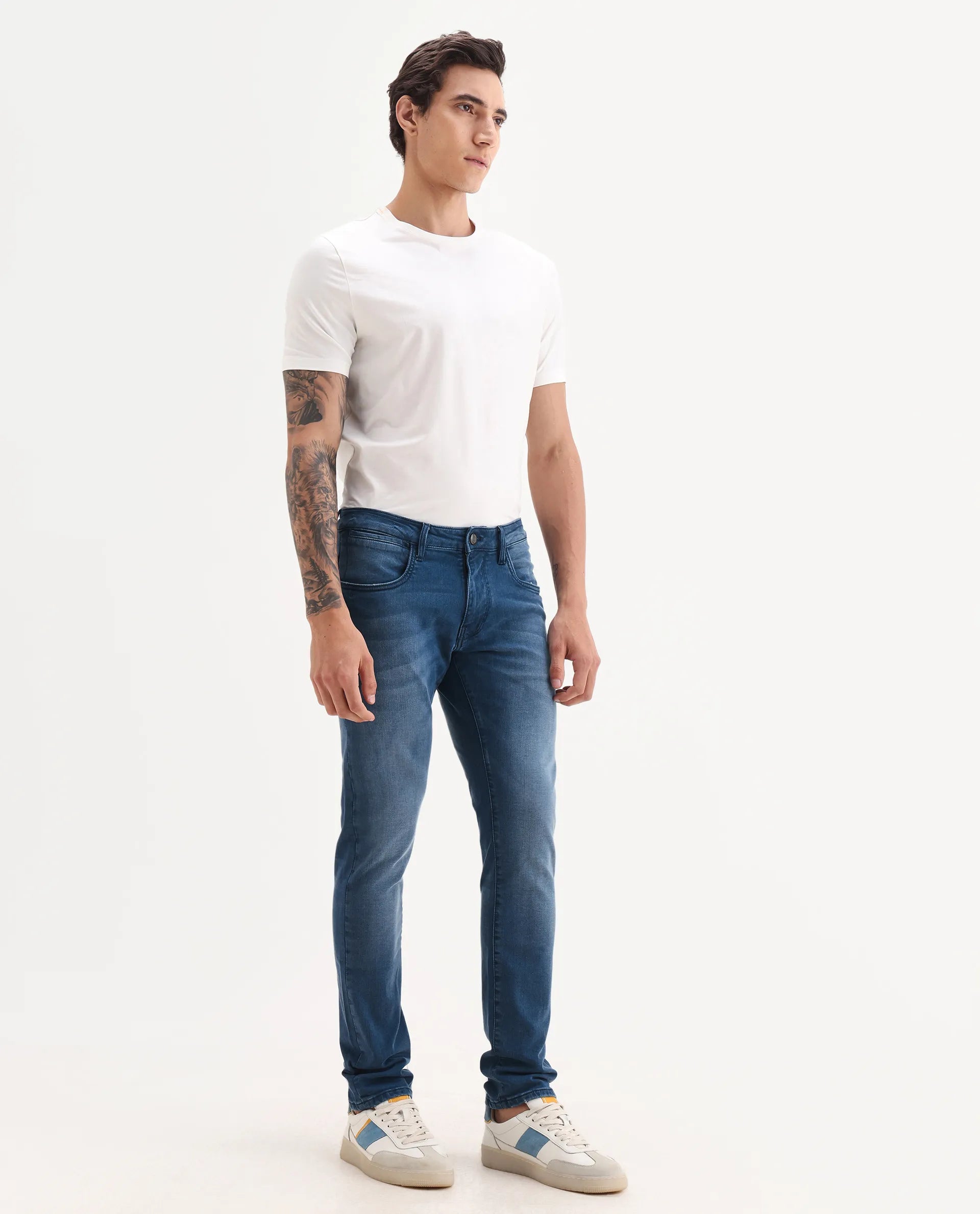 Rare Rabbit Men's Knoxo Blue Cotton Blend Fabric Hawk Slim Fit Plain Jeans