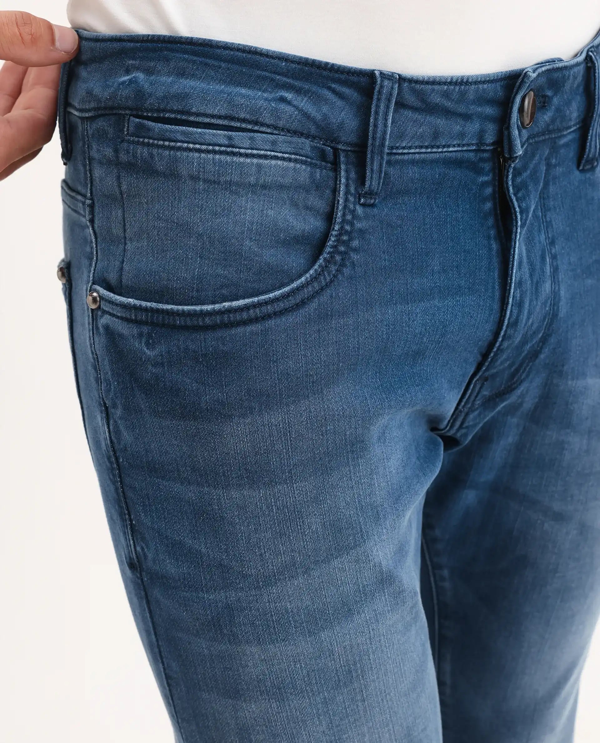 Rare Rabbit Men's Knoxo Blue Cotton Blend Fabric Hawk Slim Fit Plain Jeans